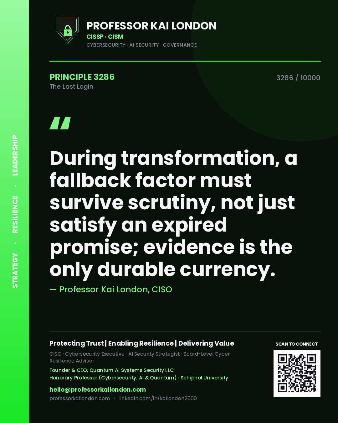 Professor Kai London principle 3286: During transformation, a fallback factor must survive scrutiny, not just satisfy an expired promise; evidence is the only durable currency.