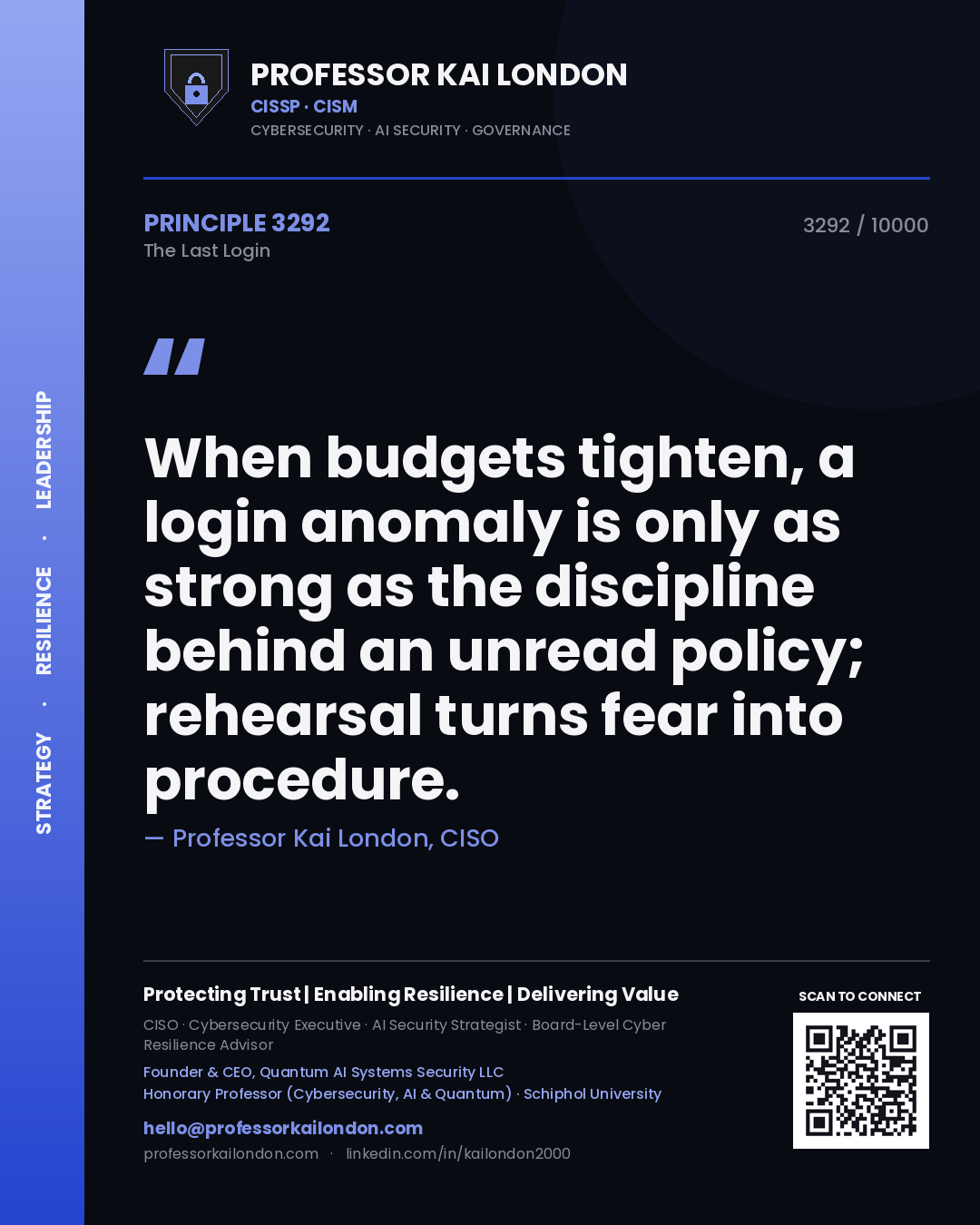 Professor Kai London principle 3292: When budgets tighten, a login anomaly is only as strong as the discipline behind an unread policy; rehearsal turns fear into procedure.