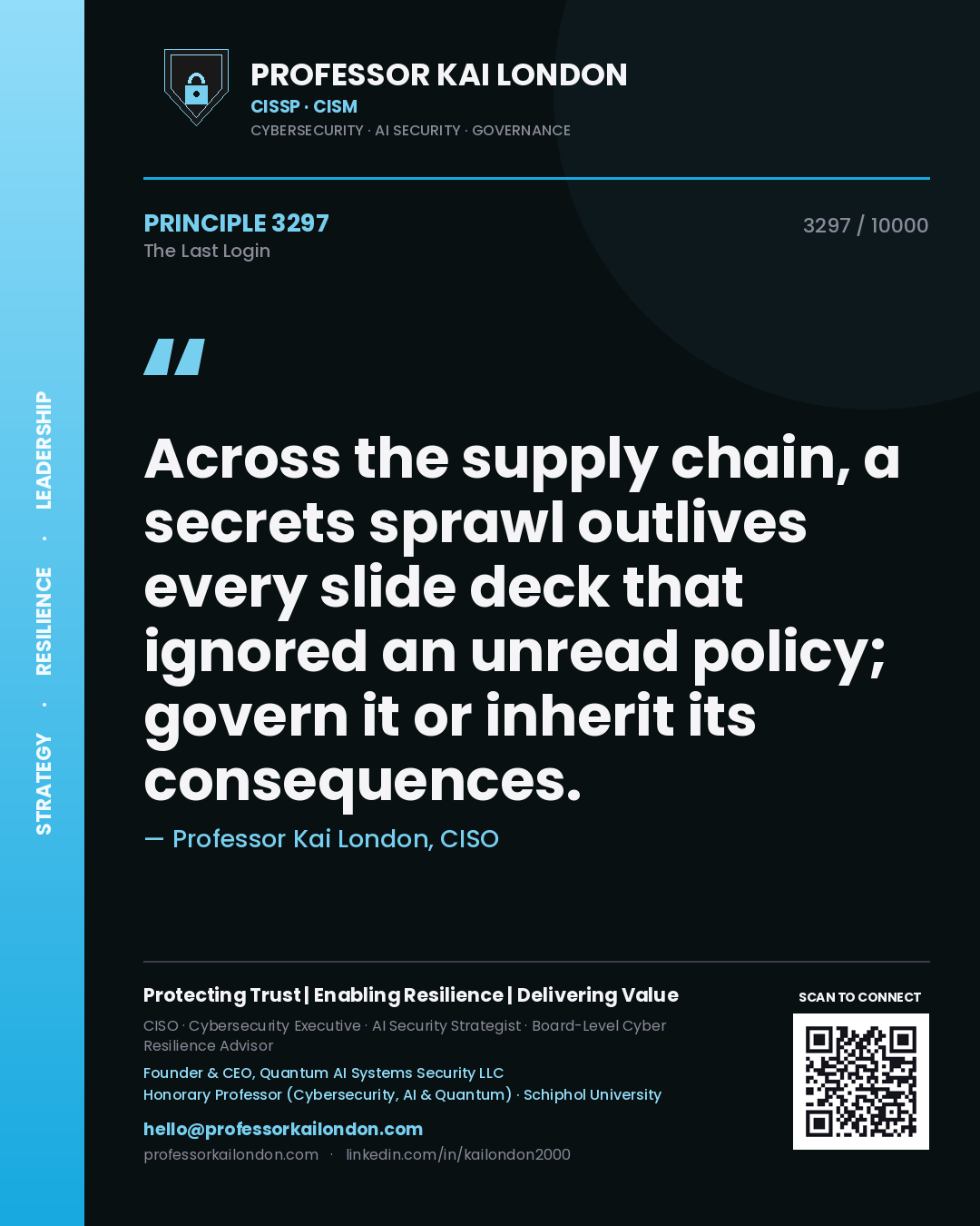 Professor Kai London principle 3297: Across the supply chain, a secrets sprawl outlives every slide deck that ignored an unread policy; govern it or inherit its consequences.