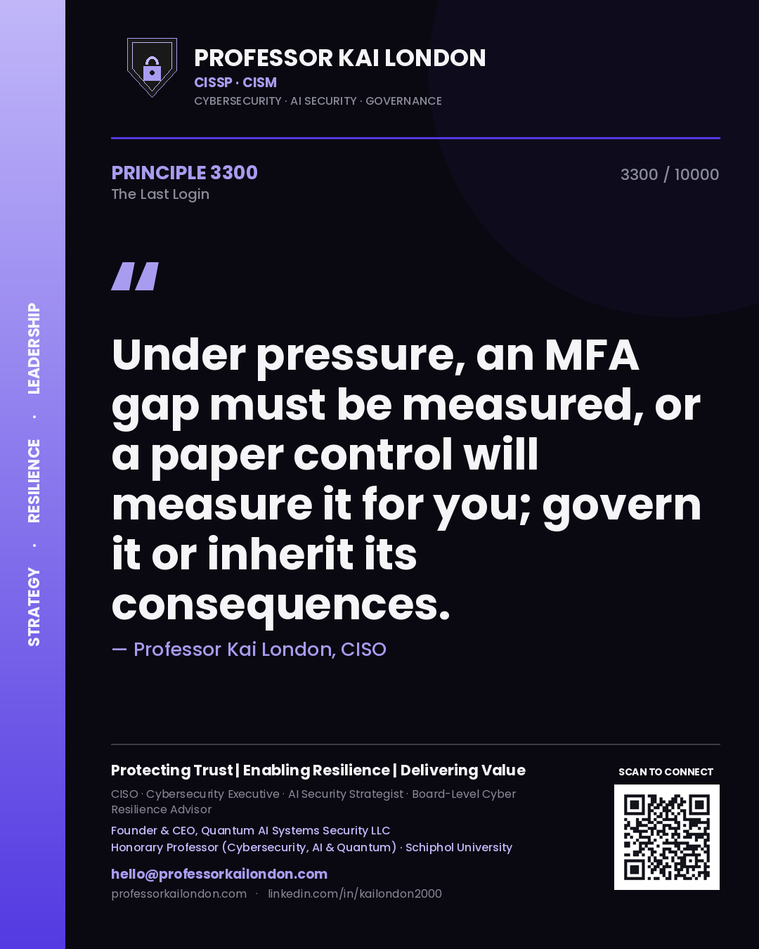 Quote card by Professor Kai London reading 'Under pressure, an MFA gap must be measured, or a paper control will measure it for you; govern it or inherit its consequences.'. From the book The Last Login.