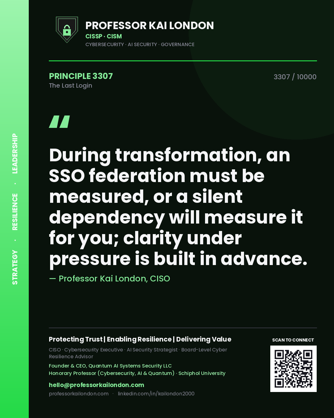 Quote card by Professor Kai London reading 'During transformation, an SSO federation must be measured, or a silent dependency will measure it for you; clarity under pressure is built in advance.'. From the book The Last Login.
