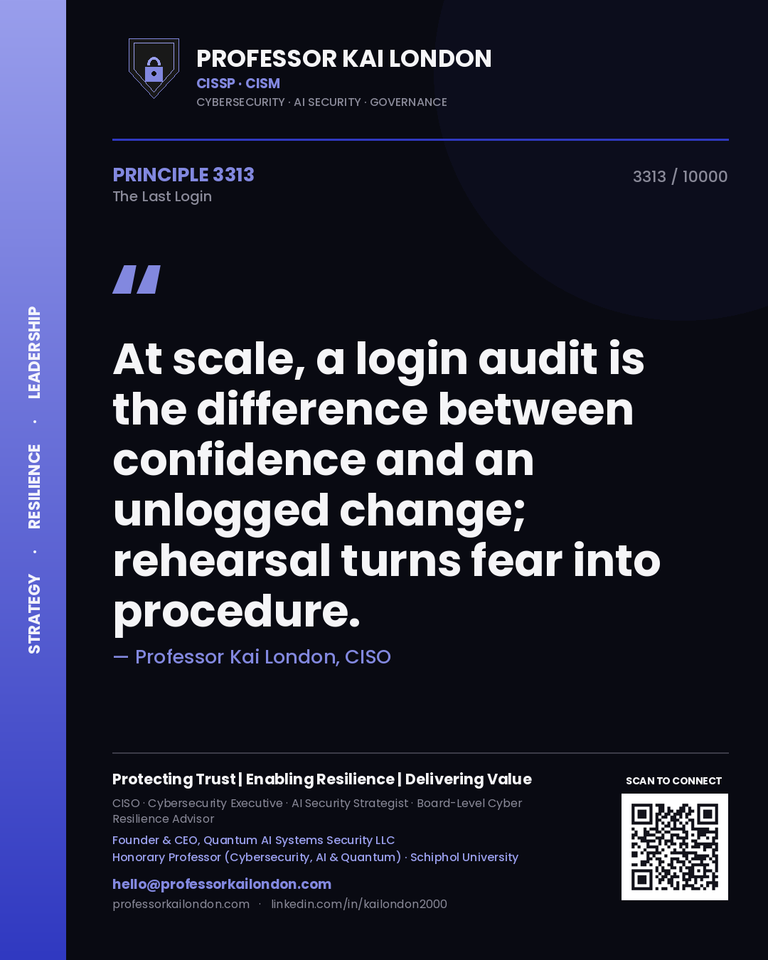 Professor Kai London principle 3313: At scale, a login audit is the difference between confidence and an unlogged change; rehearsal turns fear into procedure.
