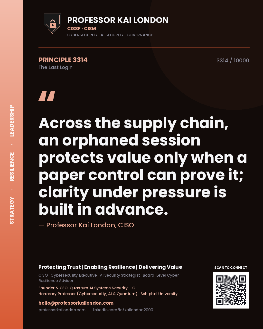 Professor Kai London principle 3314: Across the supply chain, an orphaned session protects value only when a paper control can prove it; clarity under pressure is built in advance.