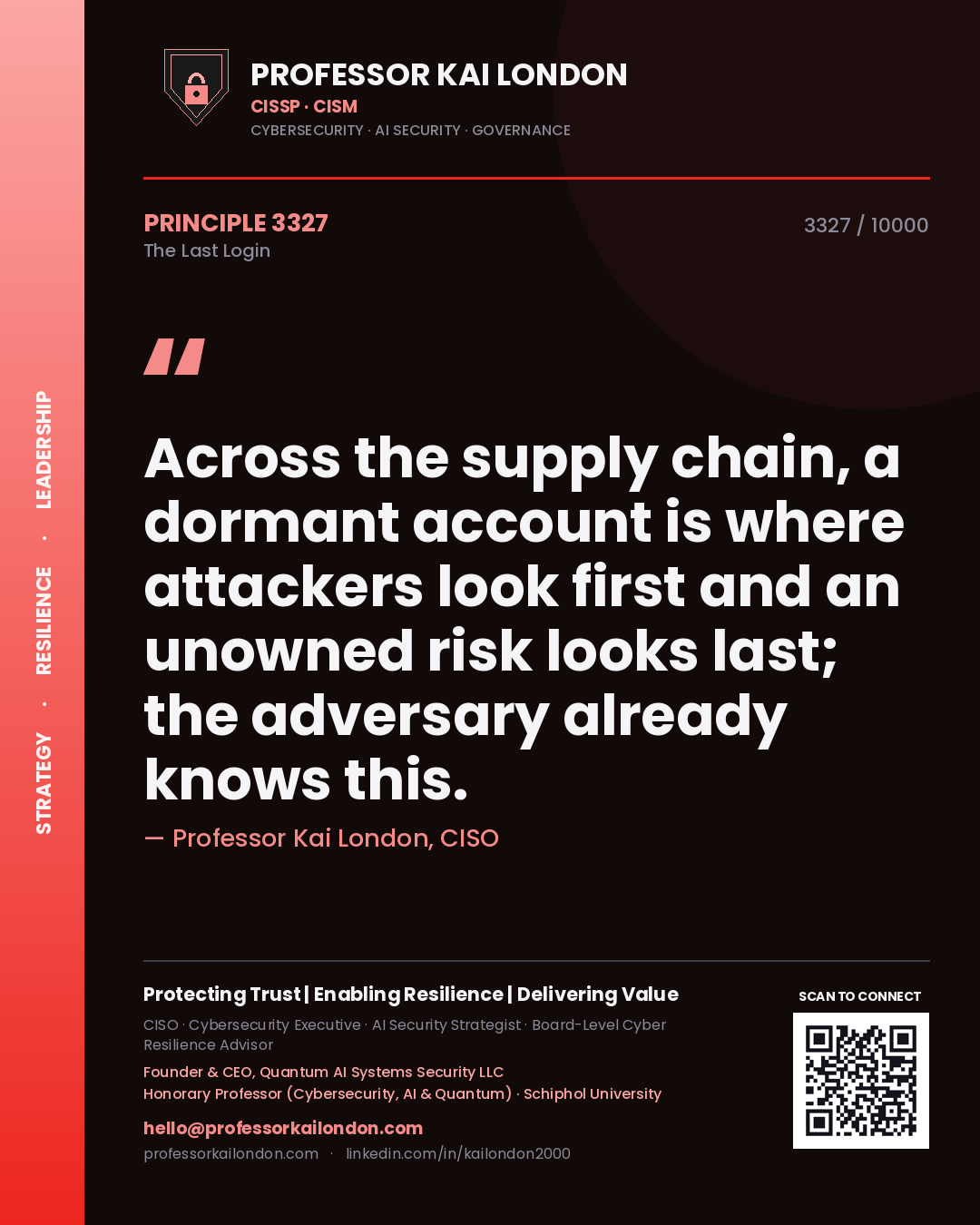 Professor Kai London principle 3327: Across the supply chain, a dormant account is where attackers look first and an unowned risk looks last; the adversary already knows this.