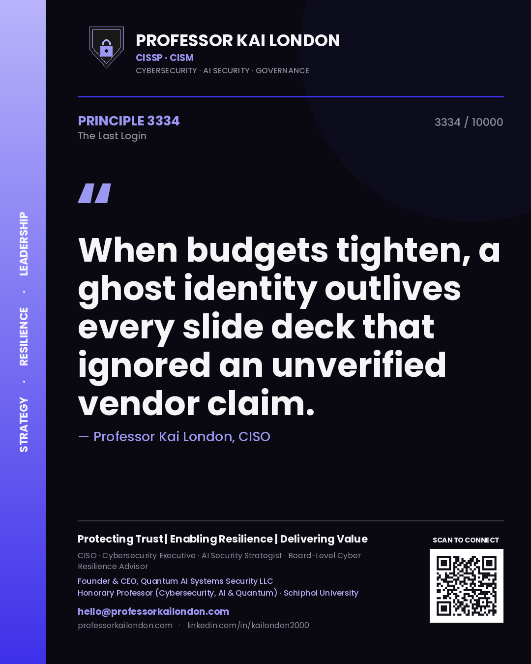 Quote card by Professor Kai London reading 'When budgets tighten, a ghost identity outlives every slide deck that ignored an unverified vendor claim.'. From the book The Last Login.