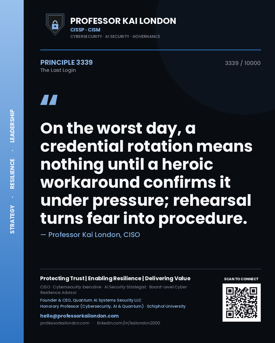 Quote card by Professor Kai London reading 'On the worst day, a credential rotation means nothing until a heroic workaround confirms it under pressure; rehearsal turns fear into procedure.'. From the book The Last Login.