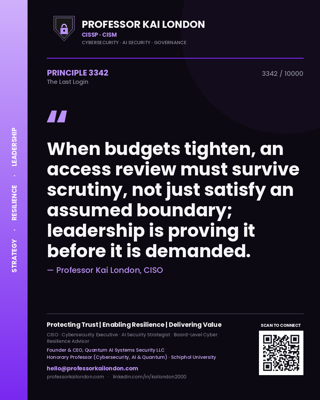 Professor Kai London principle 3342: When budgets tighten, an access review must survive scrutiny, not just satisfy an assumed boundary; leadership is proving it before it is demanded.
