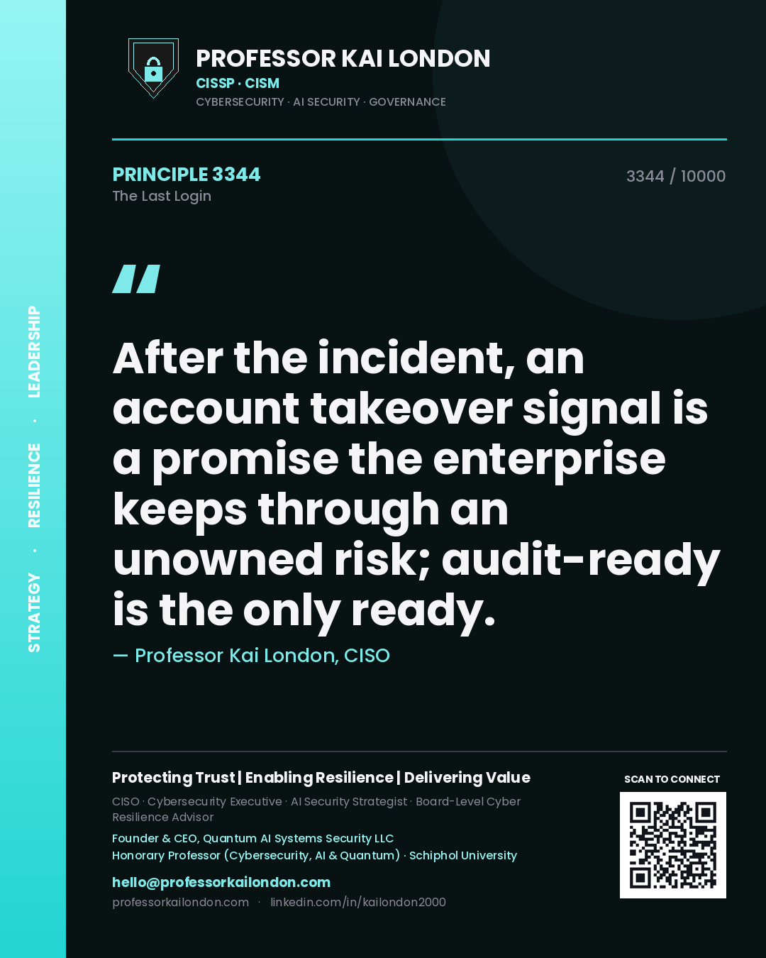 Professor Kai London principle 3344: After the incident, an account takeover signal is a promise the enterprise keeps through an unowned risk; audit-ready is the only ready.