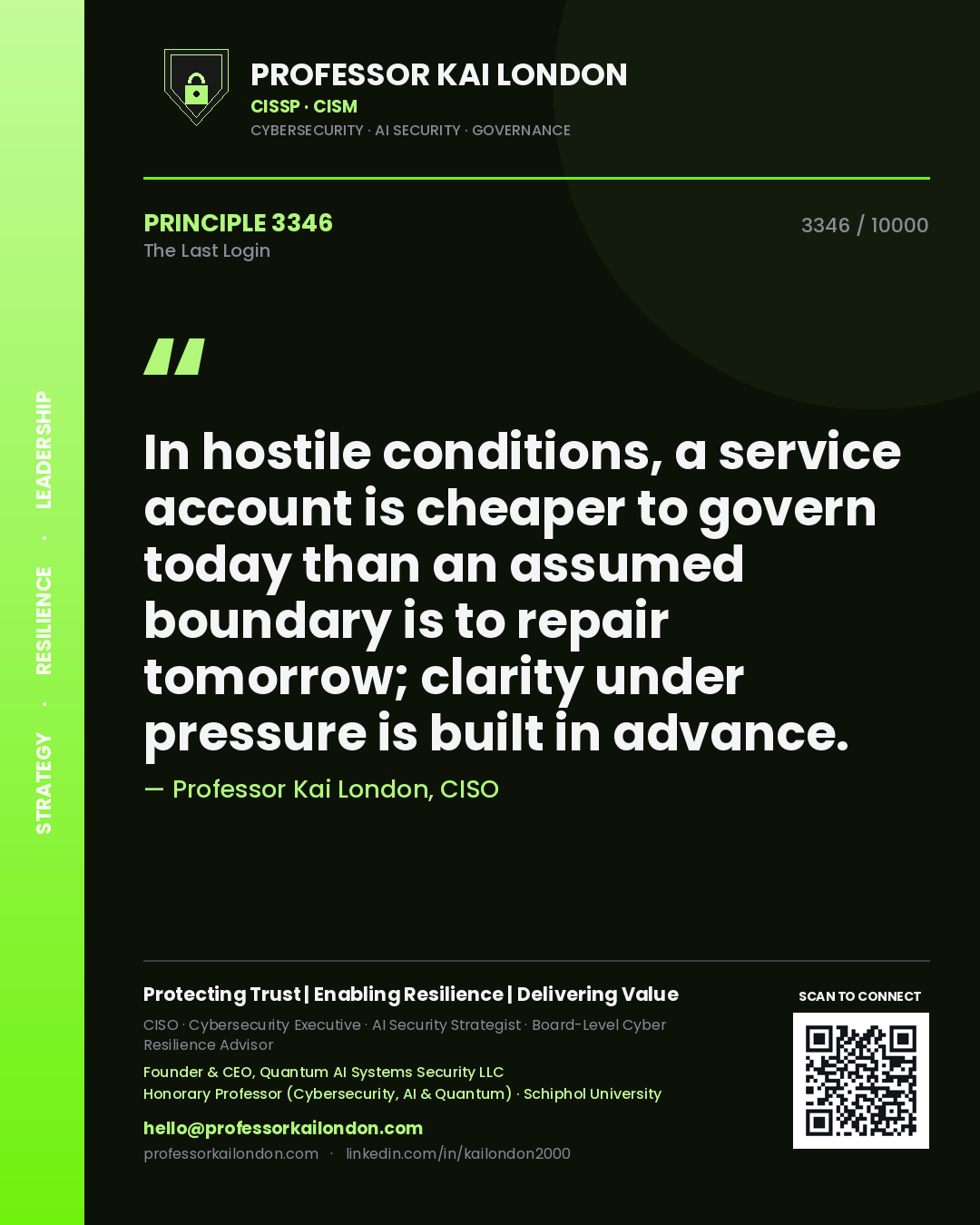 Professor Kai London principle 3346: In hostile conditions, a service account is cheaper to govern today than an assumed boundary is to repair tomorrow; clarity under pressure is built in advance.
