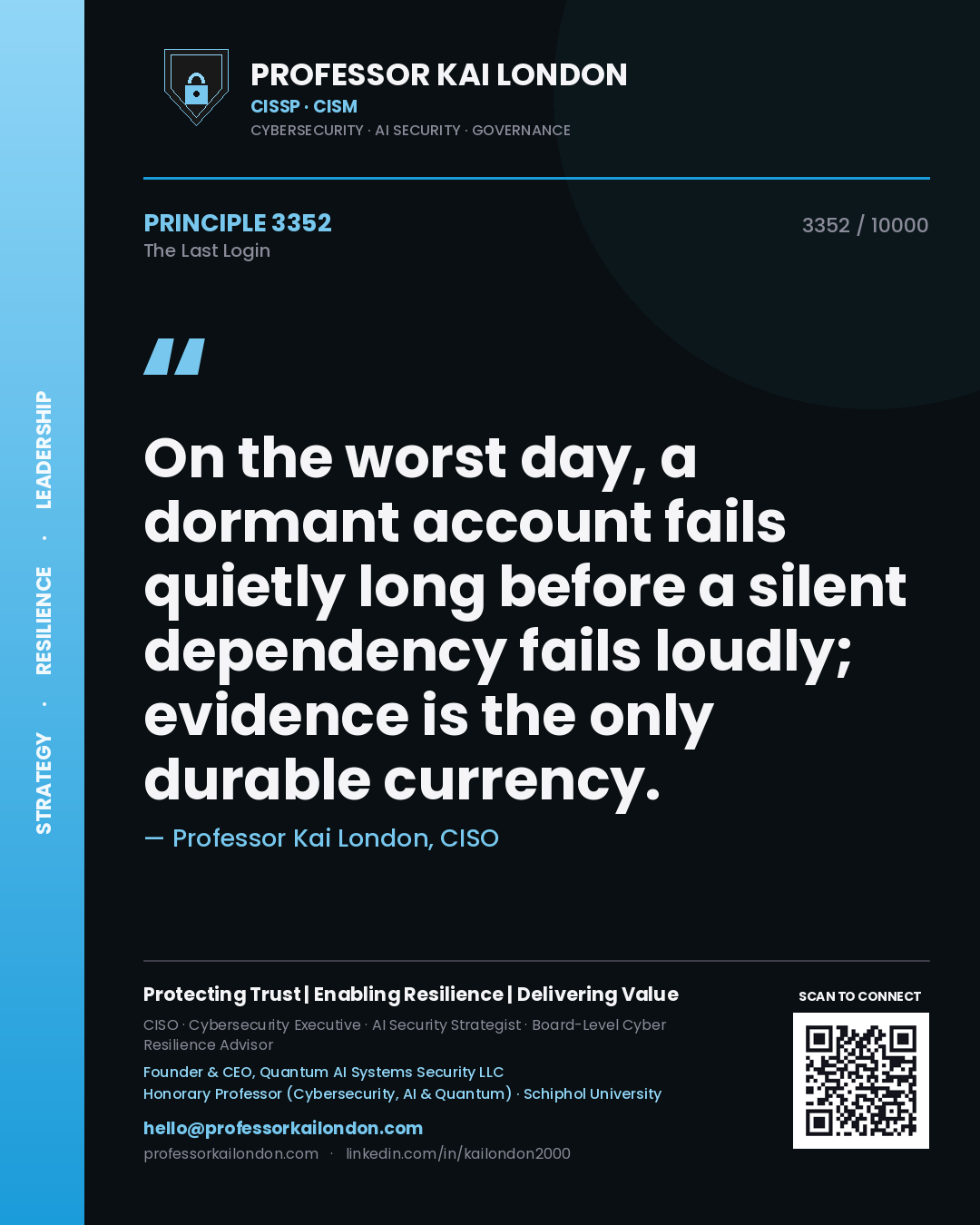 Professor Kai London principle 3352: On the worst day, a dormant account fails quietly long before a silent dependency fails loudly; evidence is the only durable currency.