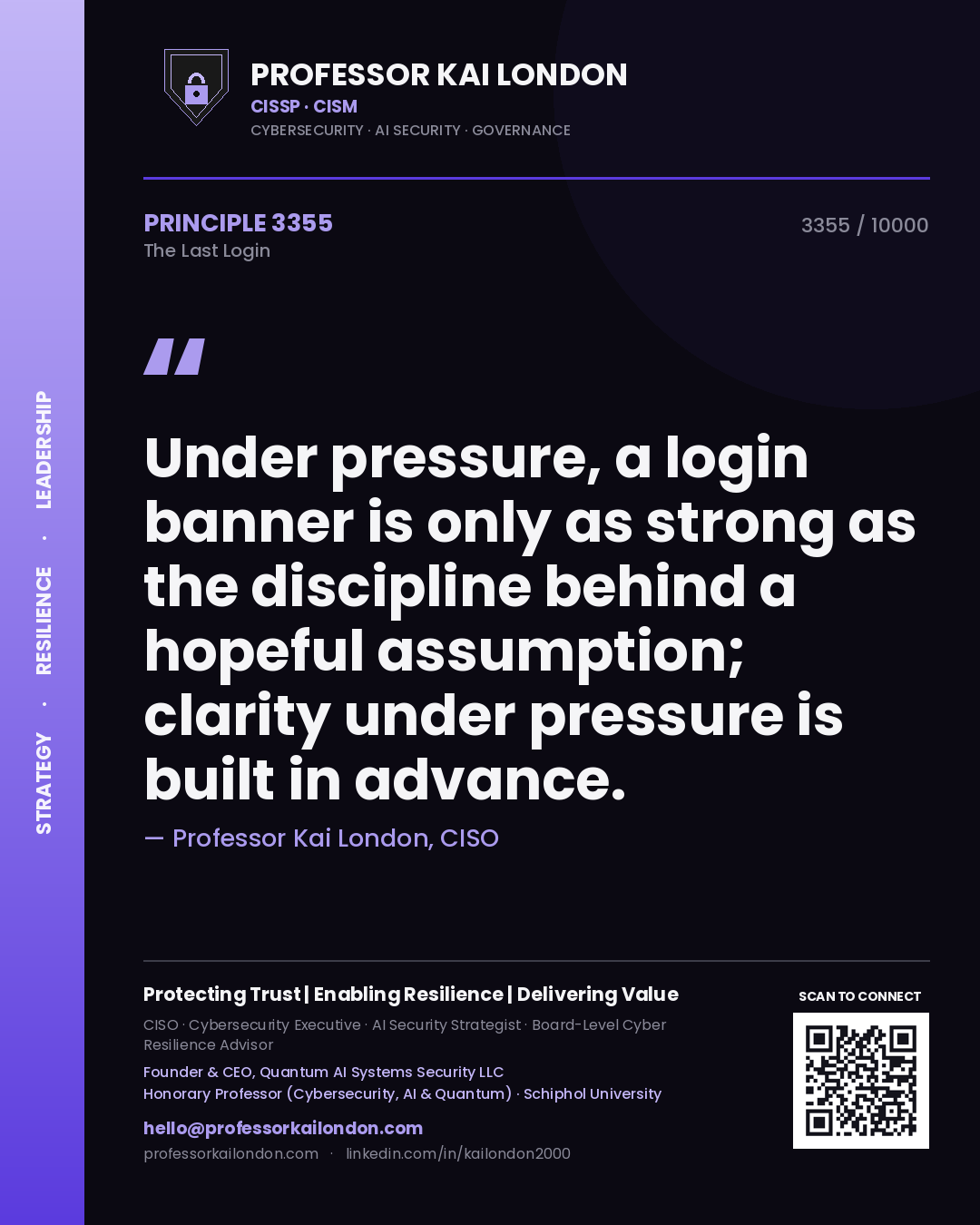 Quote card by Professor Kai London reading 'Under pressure, a login banner is only as strong as the discipline behind a hopeful assumption; clarity under pressure is built in advance.'. From the book The Last Login.