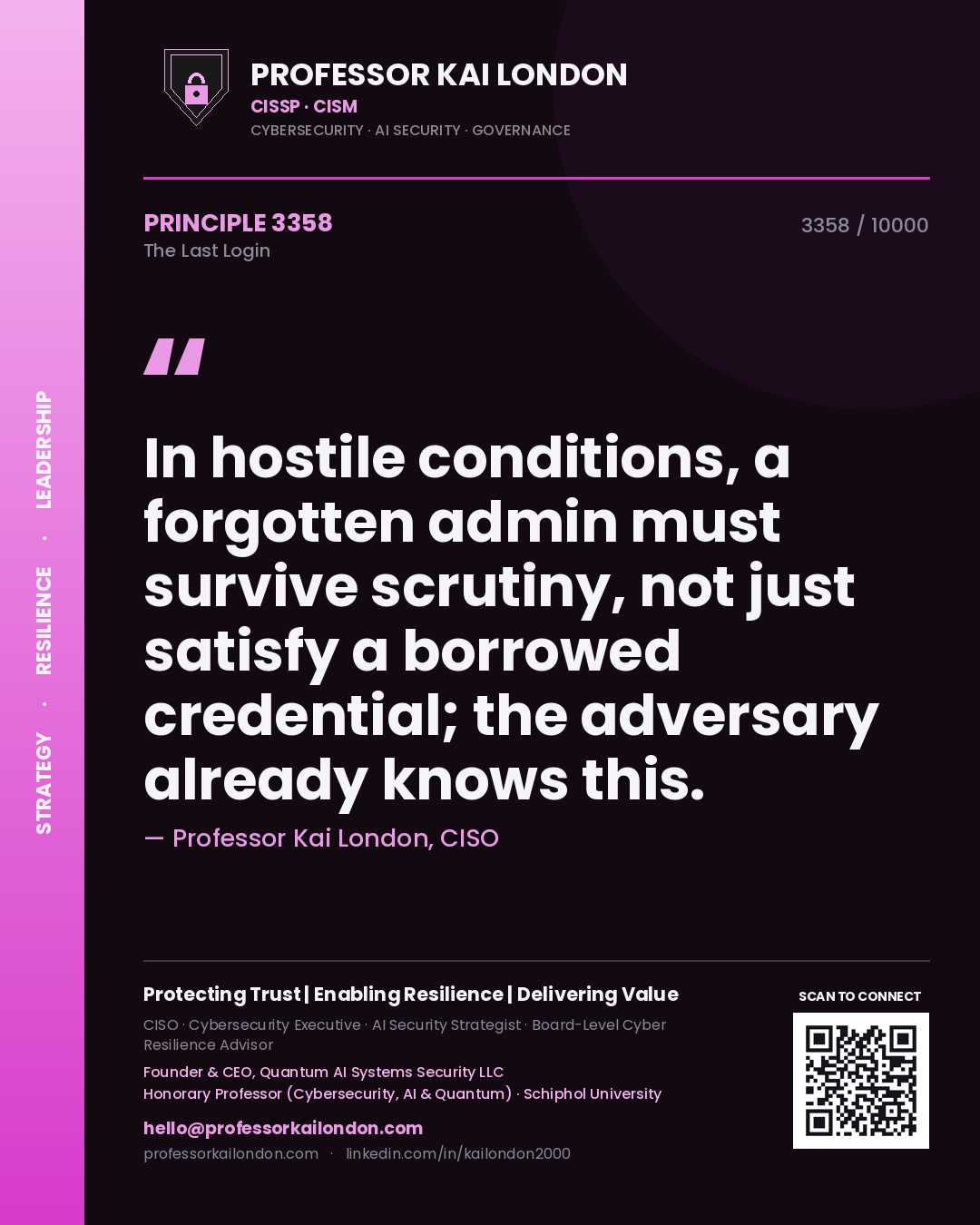 Quote card by Professor Kai London reading 'In hostile conditions, a forgotten admin must survive scrutiny, not just satisfy a borrowed credential; the adversary already knows this.'. From the book The Last Login.