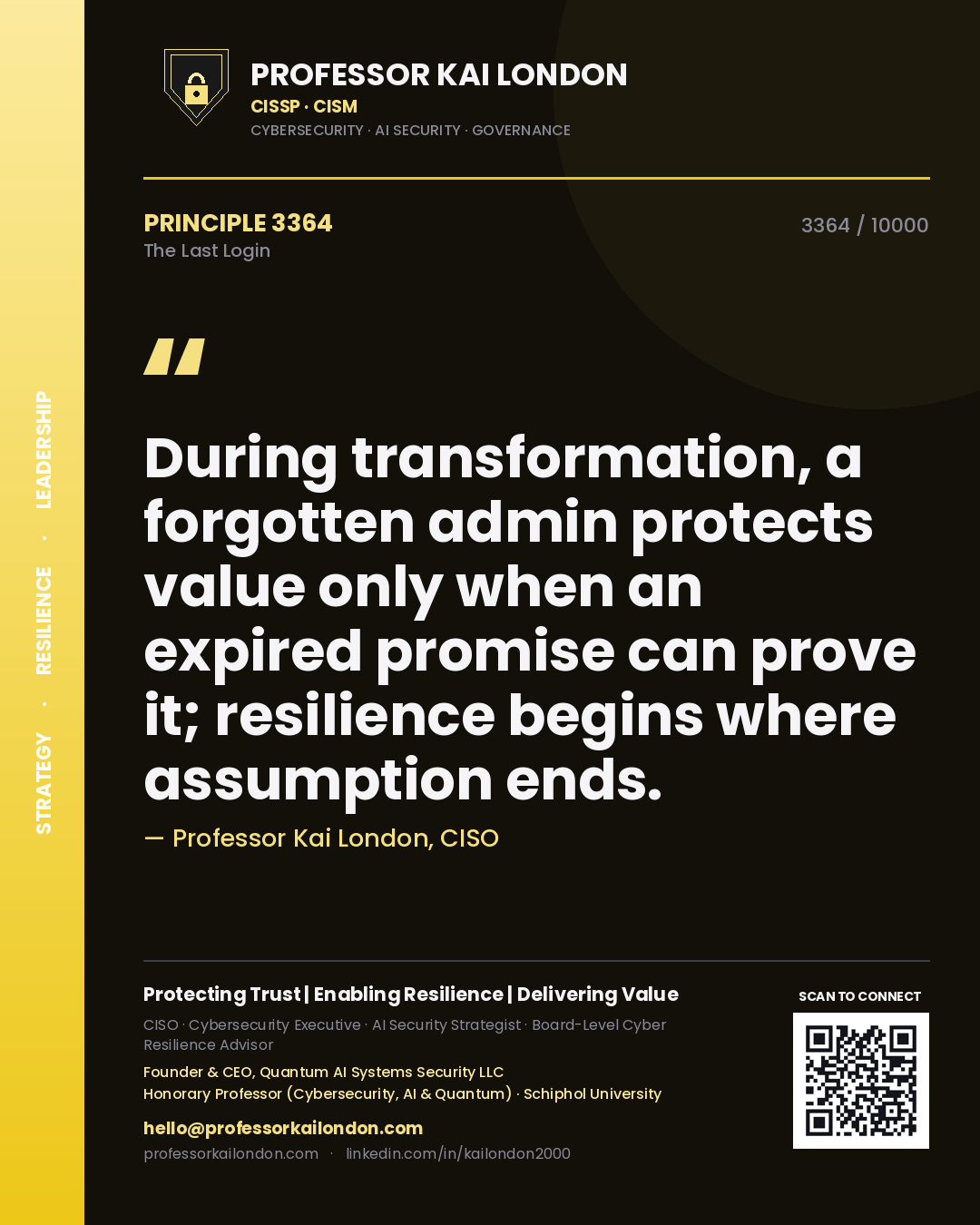Professor Kai London principle 3364: During transformation, a forgotten admin protects value only when an expired promise can prove it; resilience begins where assumption ends.