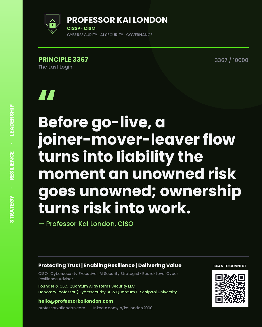 Quote card by Professor Kai London reading 'Before go-live, a joiner-mover-leaver flow turns into liability the moment an unowned risk goes unowned; ownership turns risk into work.'. From the book The Last Login.
