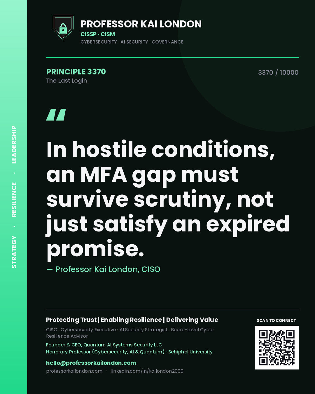 Quote card by Professor Kai London reading 'In hostile conditions, an MFA gap must survive scrutiny, not just satisfy an expired promise.'. From the book The Last Login.
