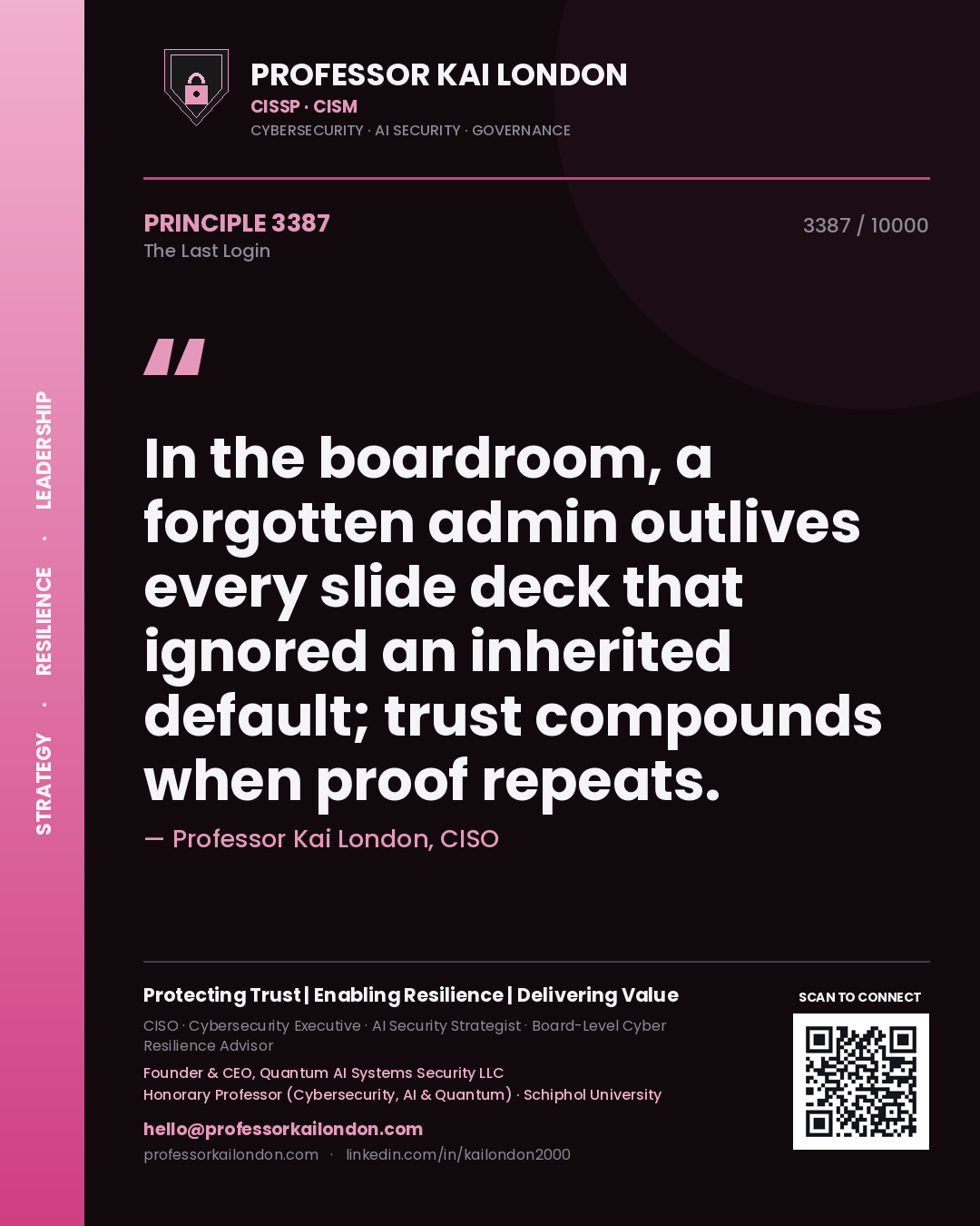 Professor Kai London principle 3387: In the boardroom, a forgotten admin outlives every slide deck that ignored an inherited default; trust compounds when proof repeats.