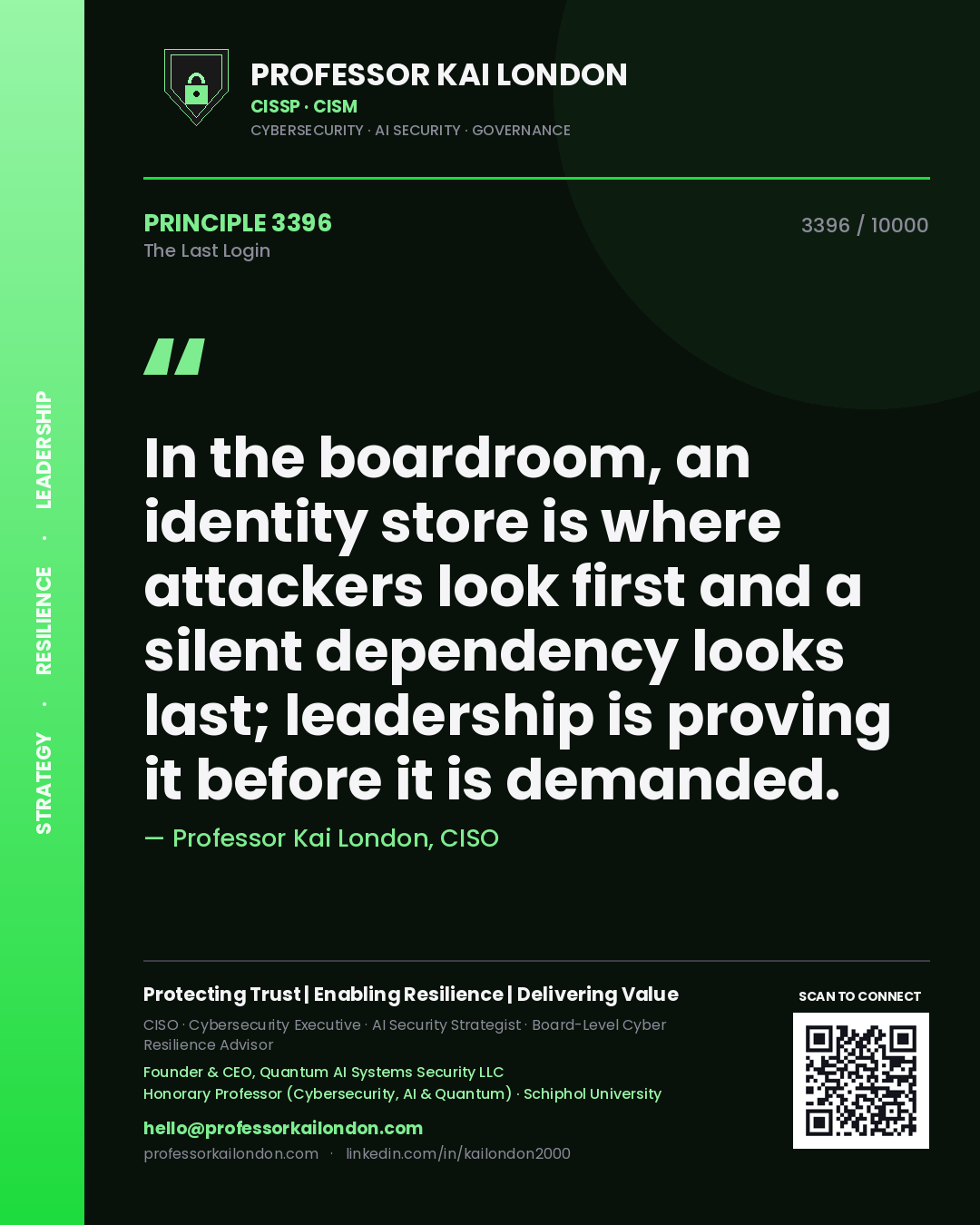 Quote card by Professor Kai London reading 'In the boardroom, an identity store is where attackers look first and a silent dependency looks last; leadership is proving it before it is demanded.'. From the book The Last Login.