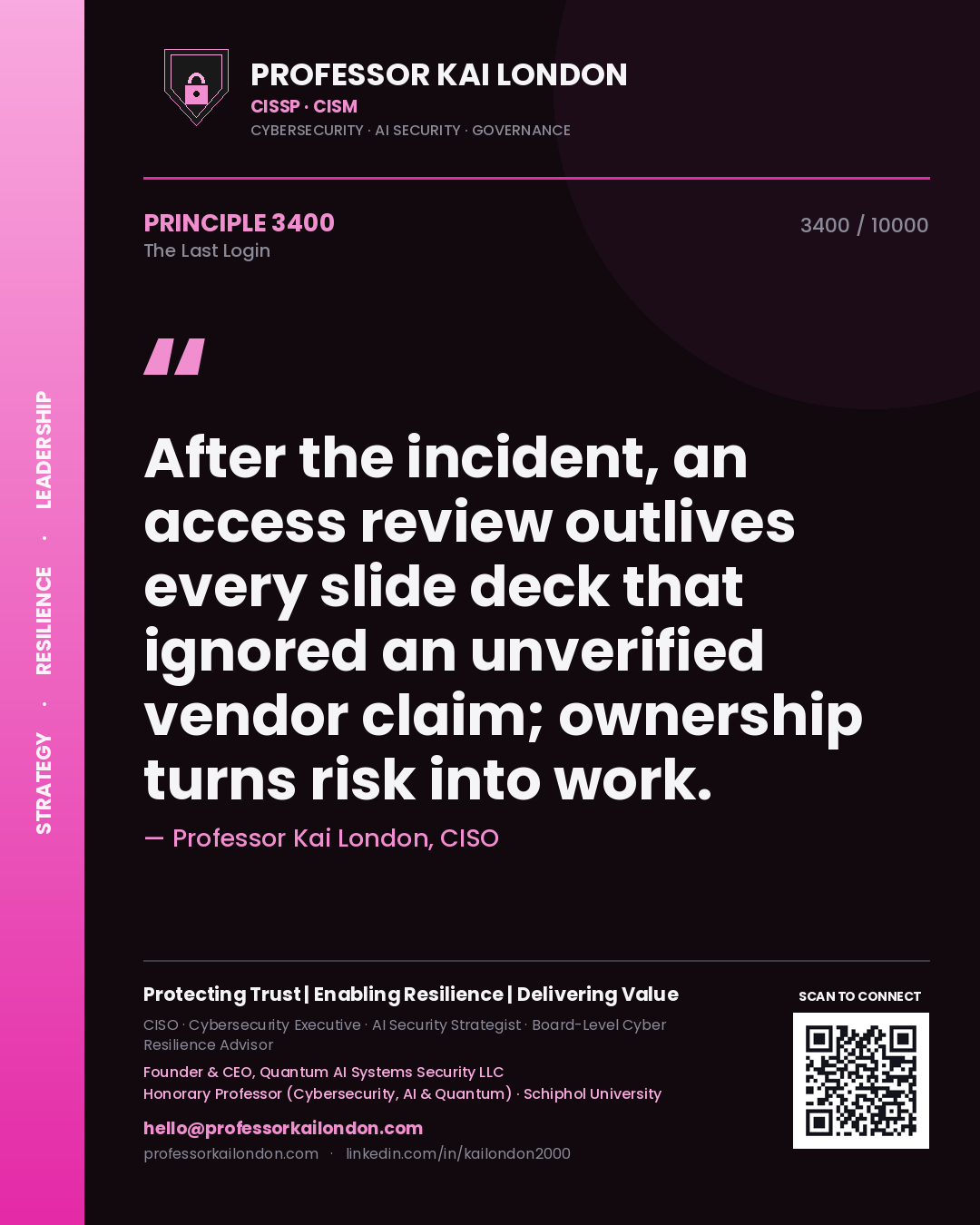 Professor Kai London principle 3400: After the incident, an access review outlives every slide deck that ignored an unverified vendor claim; ownership turns risk into work.
