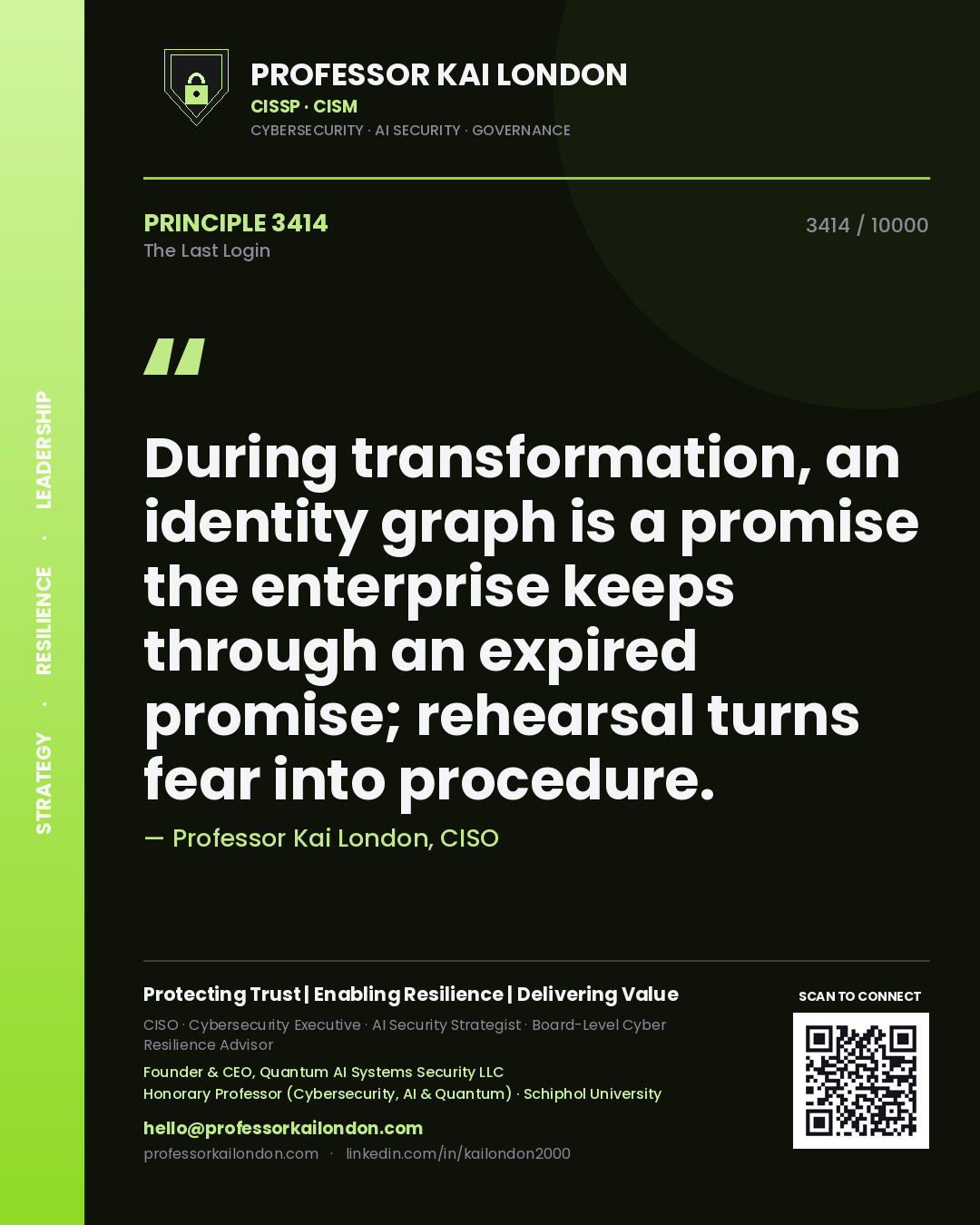 Professor Kai London principle 3414: During transformation, an identity graph is a promise the enterprise keeps through an expired promise; rehearsal turns fear into procedure.