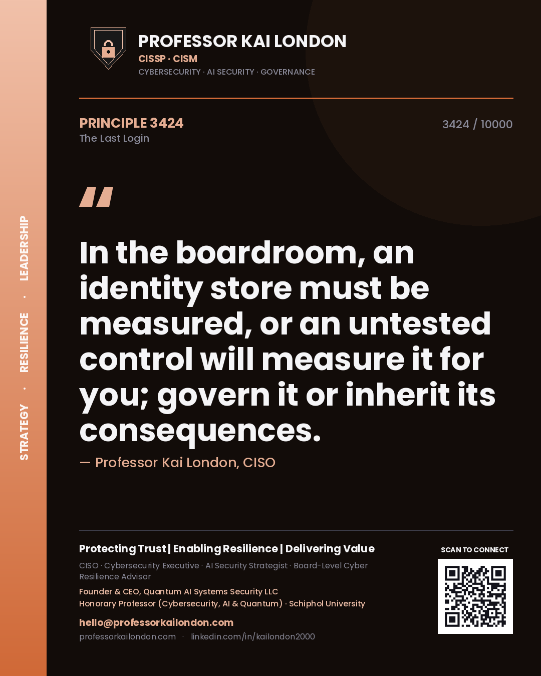 Quote card by Professor Kai London reading 'In the boardroom, an identity store must be measured, or an untested control will measure it for you; govern it or inherit its consequences.'. From the book The Last Login.