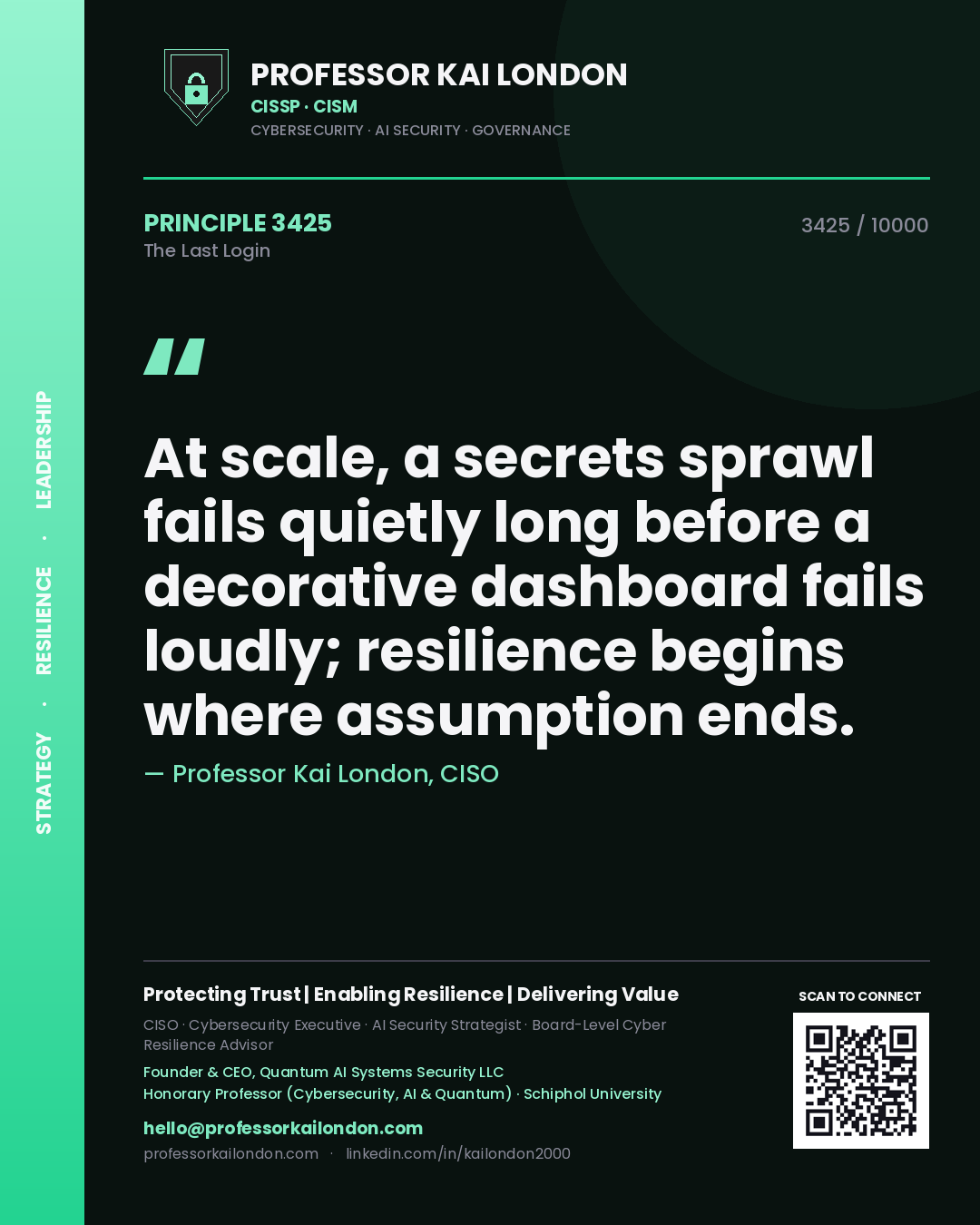 Professor Kai London principle 3425: At scale, a secrets sprawl fails quietly long before a decorative dashboard fails loudly; resilience begins where assumption ends.