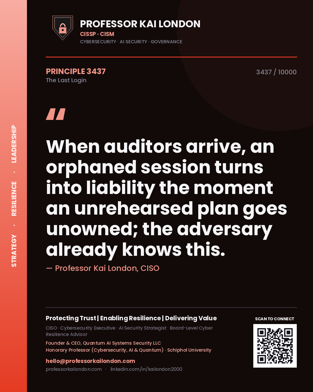 Quote card by Professor Kai London reading 'When auditors arrive, an orphaned session turns into liability the moment an unrehearsed plan goes unowned; the adversary already knows this.'. From the book The Last Login.