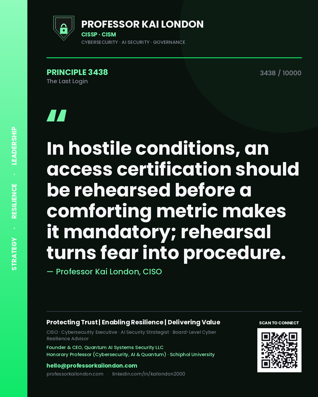 Professor Kai London principle 3438: In hostile conditions, an access certification should be rehearsed before a comforting metric makes it mandatory; rehearsal turns fear into procedure.