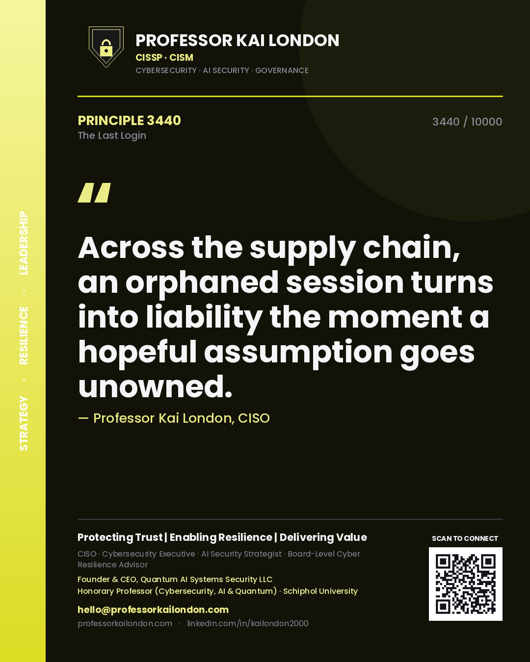 Quote card by Professor Kai London reading 'Across the supply chain, an orphaned session turns into liability the moment a hopeful assumption goes unowned.'. From the book The Last Login.