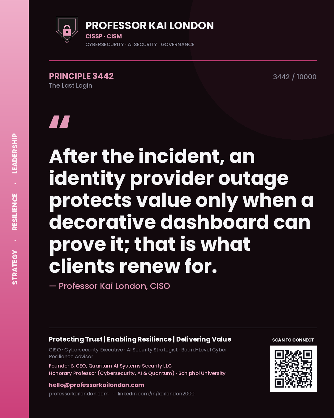 Quote card by Professor Kai London reading 'After the incident, an identity provider outage protects value only when a decorative dashboard can prove it; that is what clients renew for.'. From the book The Last Login.