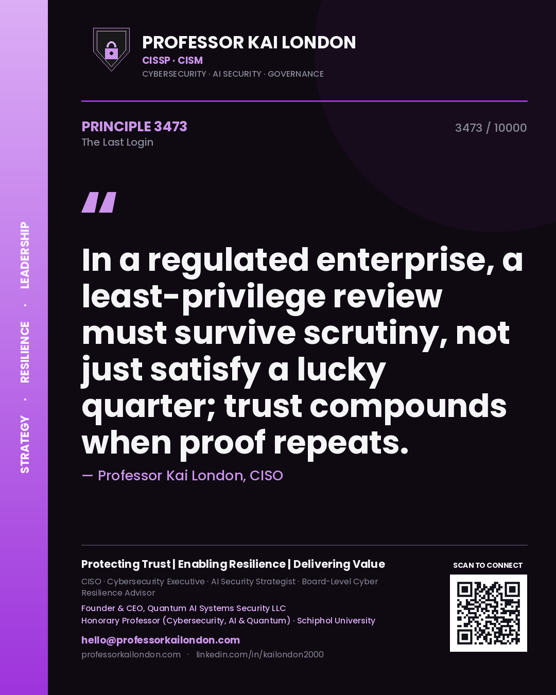 Professor Kai London principle 3473: In a regulated enterprise, a least-privilege review must survive scrutiny, not just satisfy a lucky quarter; trust compounds when proof repeats.