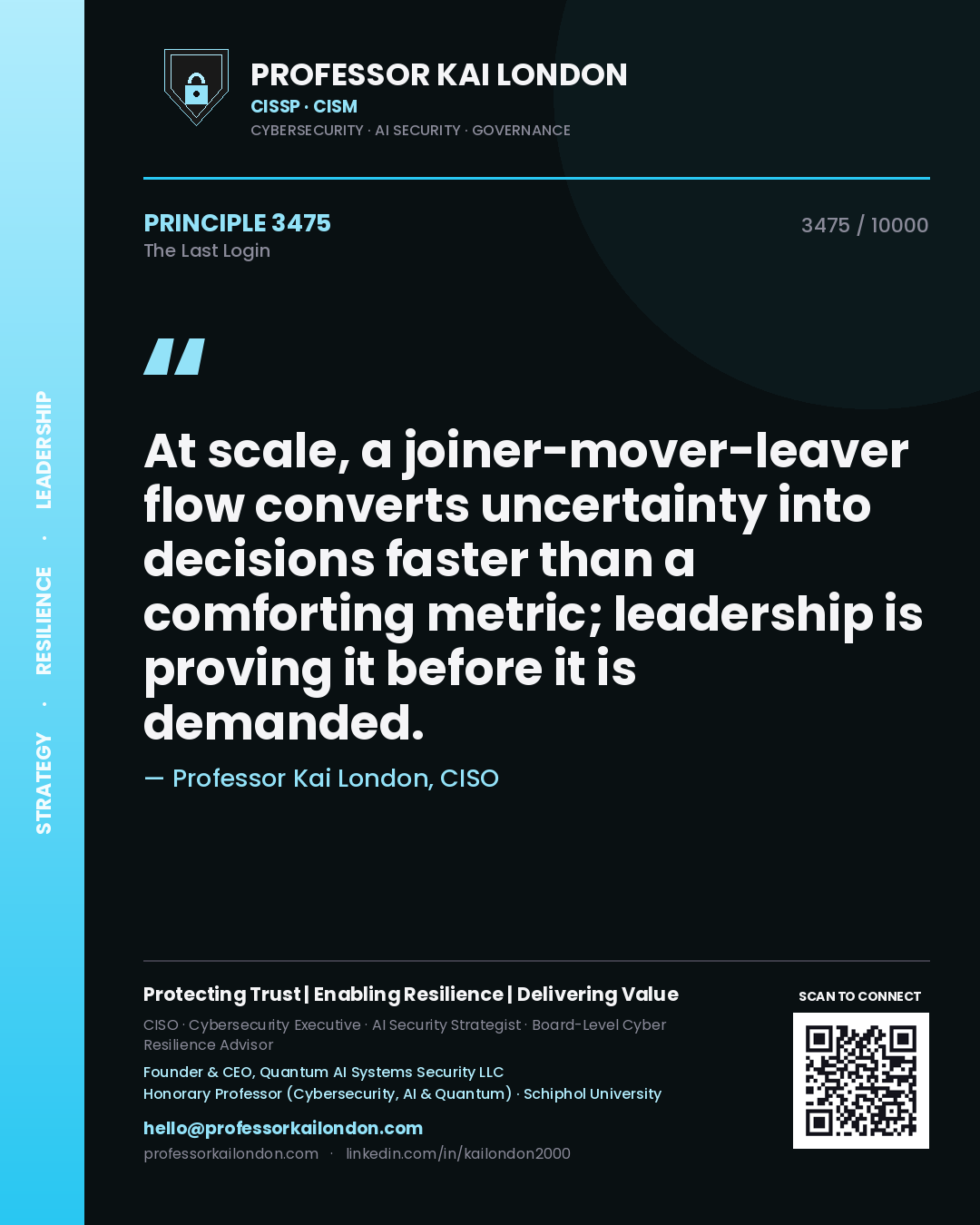 Professor Kai London principle 3475: At scale, a joiner-mover-leaver flow converts uncertainty into decisions faster than a comforting metric; leadership is proving it before it is demanded.