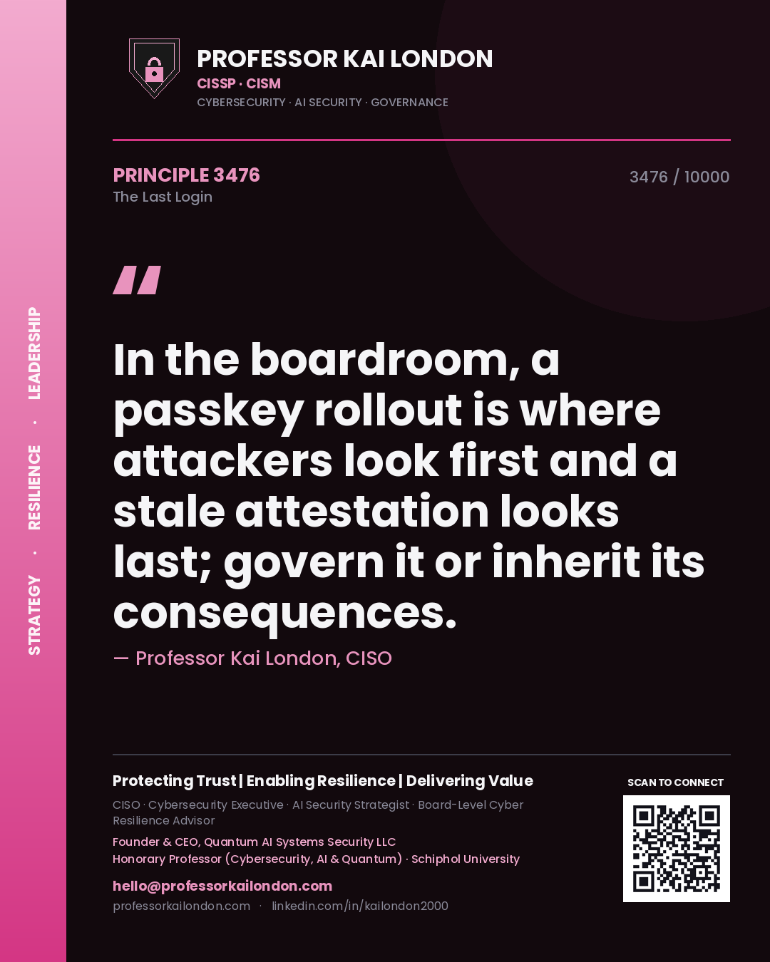 Quote card by Professor Kai London reading 'In the boardroom, a passkey rollout is where attackers look first and a stale attestation looks last; govern it or inherit its consequences.'. From the book The Last Login.