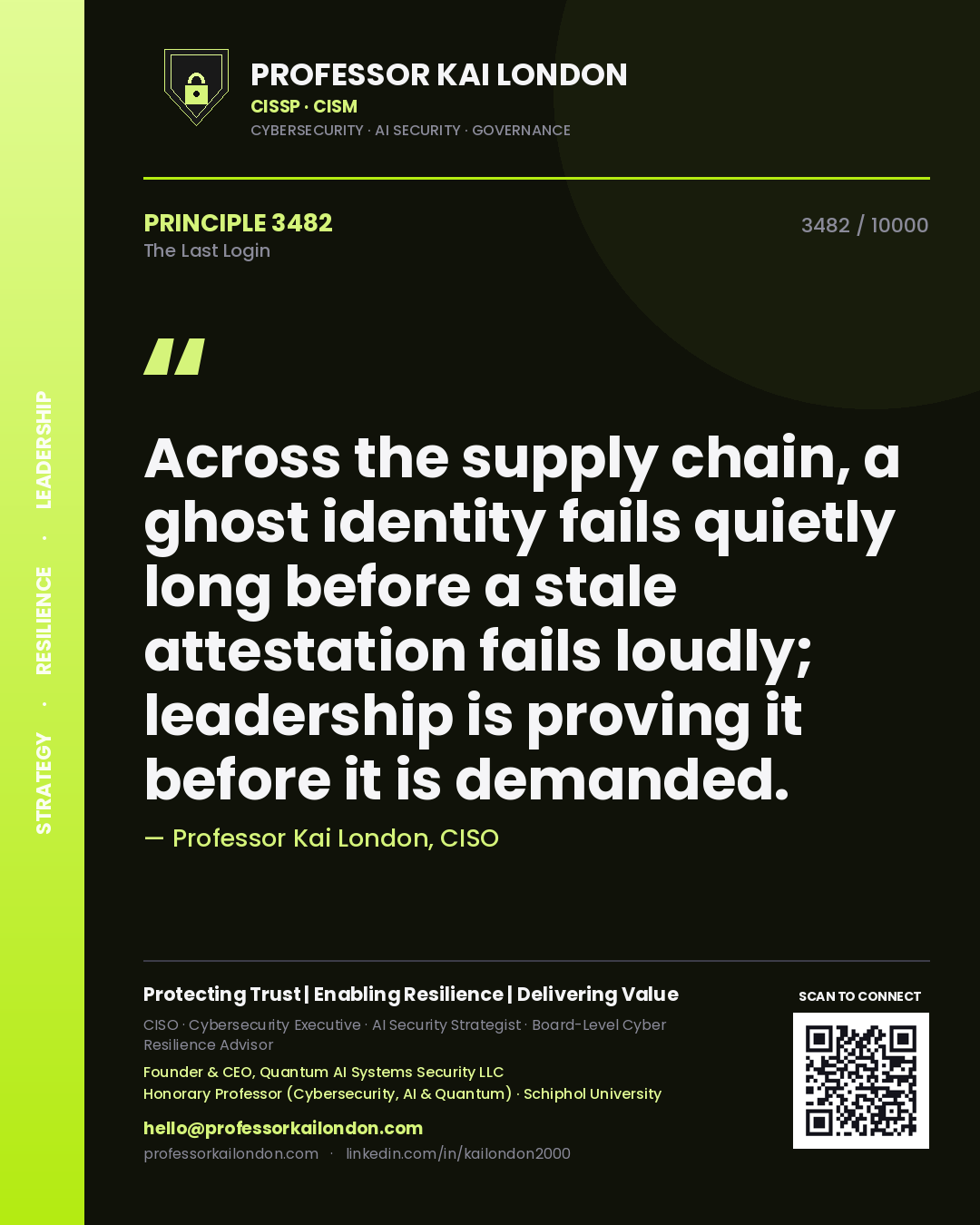 Professor Kai London principle 3482: Across the supply chain, a ghost identity fails quietly long before a stale attestation fails loudly; leadership is proving it before it is demanded.