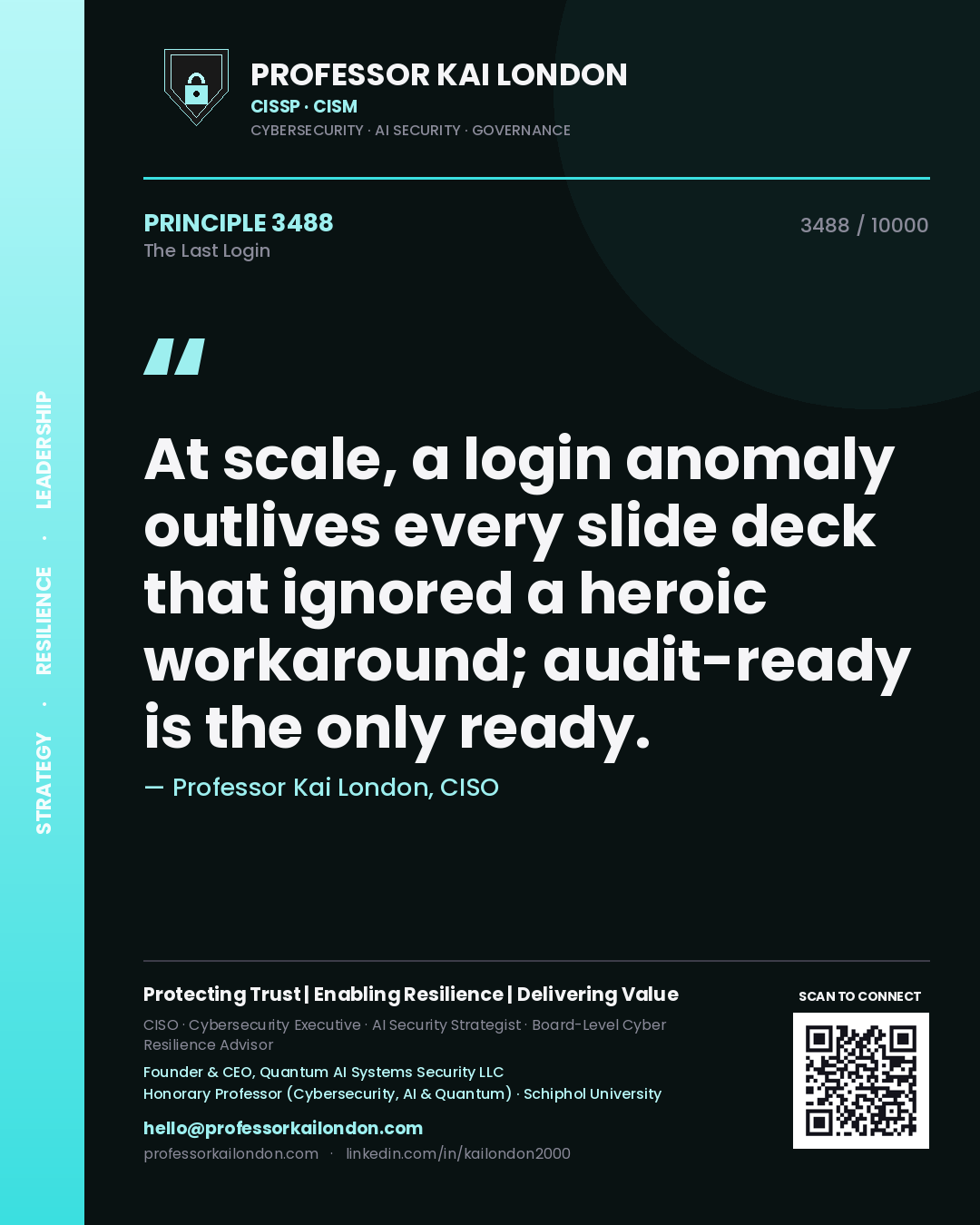 Professor Kai London principle 3488: At scale, a login anomaly outlives every slide deck that ignored a heroic workaround; audit-ready is the only ready.