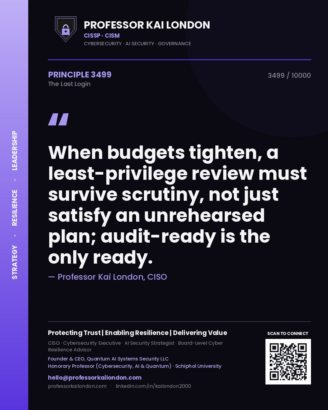 Quote card by Professor Kai London reading 'When budgets tighten, a least-privilege review must survive scrutiny, not just satisfy an unrehearsed plan; audit-ready is the only ready.'. From the book The Last Login.