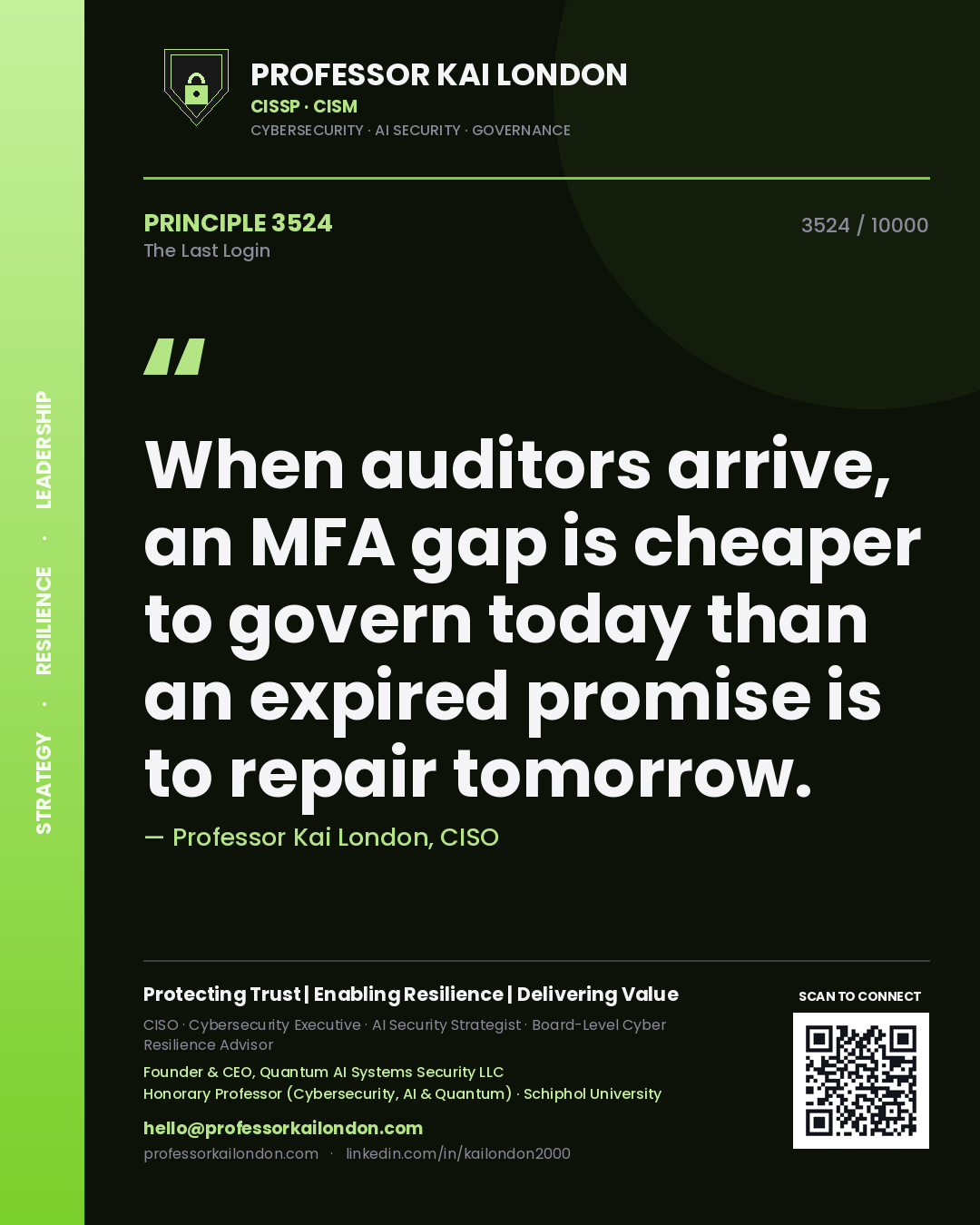 Quote card by Professor Kai London reading 'When auditors arrive, an MFA gap is cheaper to govern today than an expired promise is to repair tomorrow.'. From the book The Last Login.