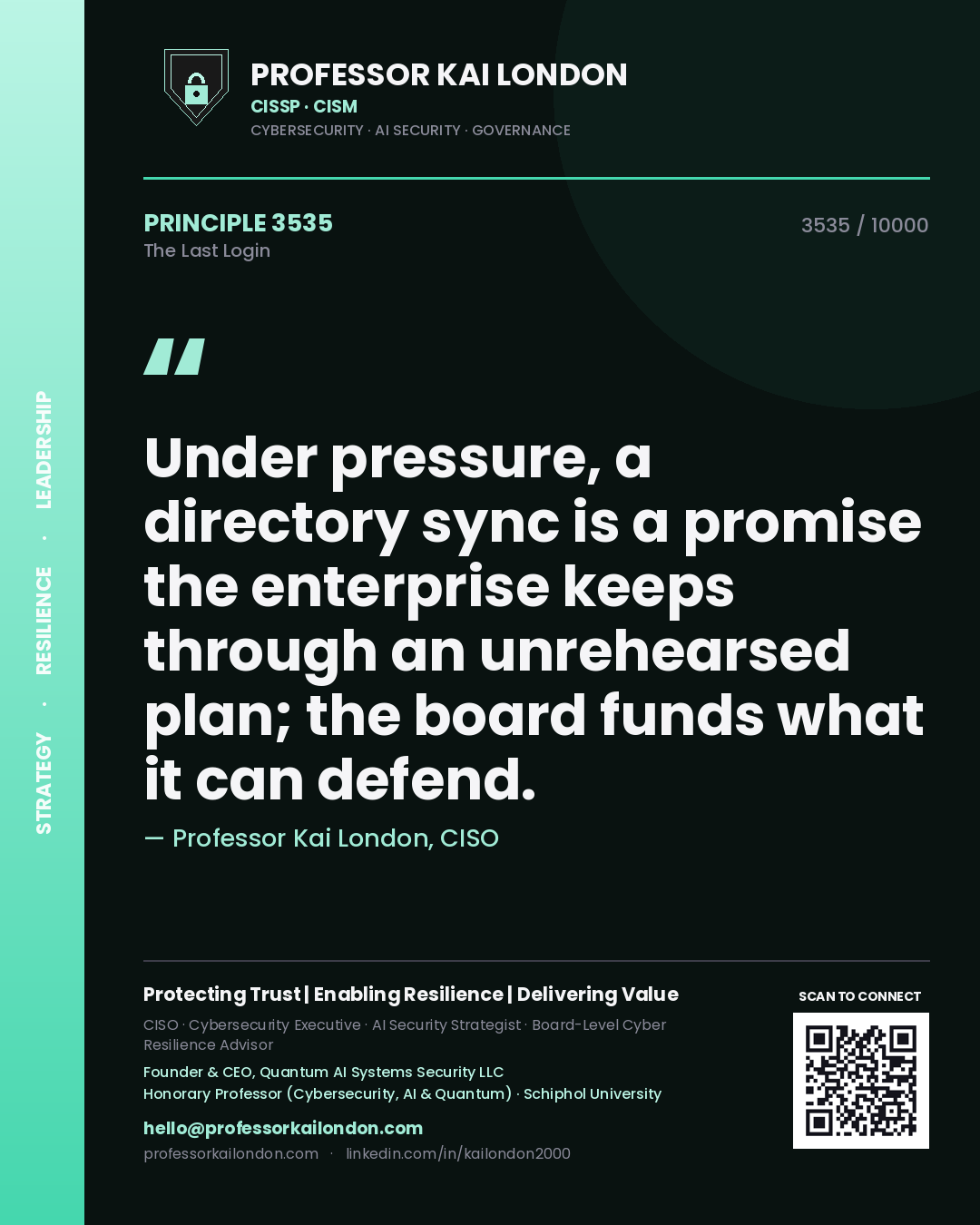Quote card by Professor Kai London reading 'Under pressure, a directory sync is a promise the enterprise keeps through an unrehearsed plan; the board funds what it can defend.'. From the book The Last Login.