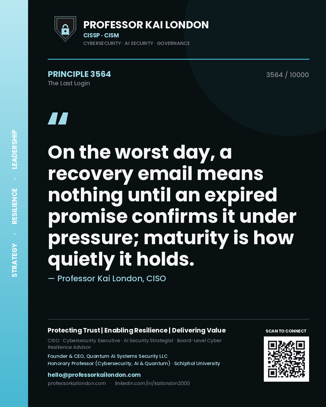 Quote card by Professor Kai London reading 'On the worst day, a recovery email means nothing until an expired promise confirms it under pressure; maturity is how quietly it holds.'. From the book The Last Login.