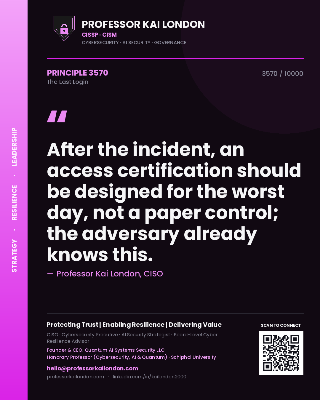 Professor Kai London principle 3570: After the incident, an access certification should be designed for the worst day, not a paper control; the adversary already knows this.