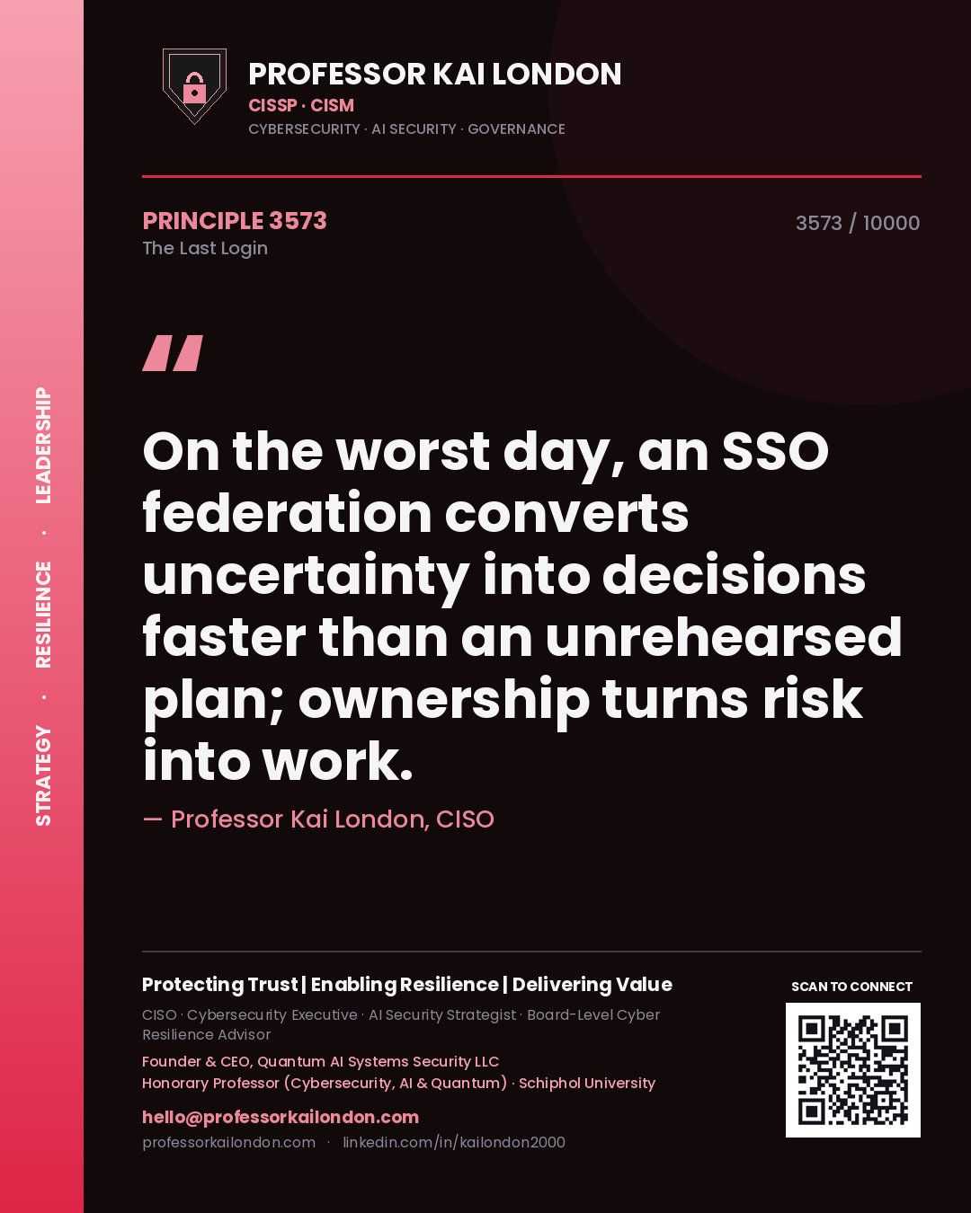 Professor Kai London principle 3573: On the worst day, an SSO federation converts uncertainty into decisions faster than an unrehearsed plan; ownership turns risk into work.