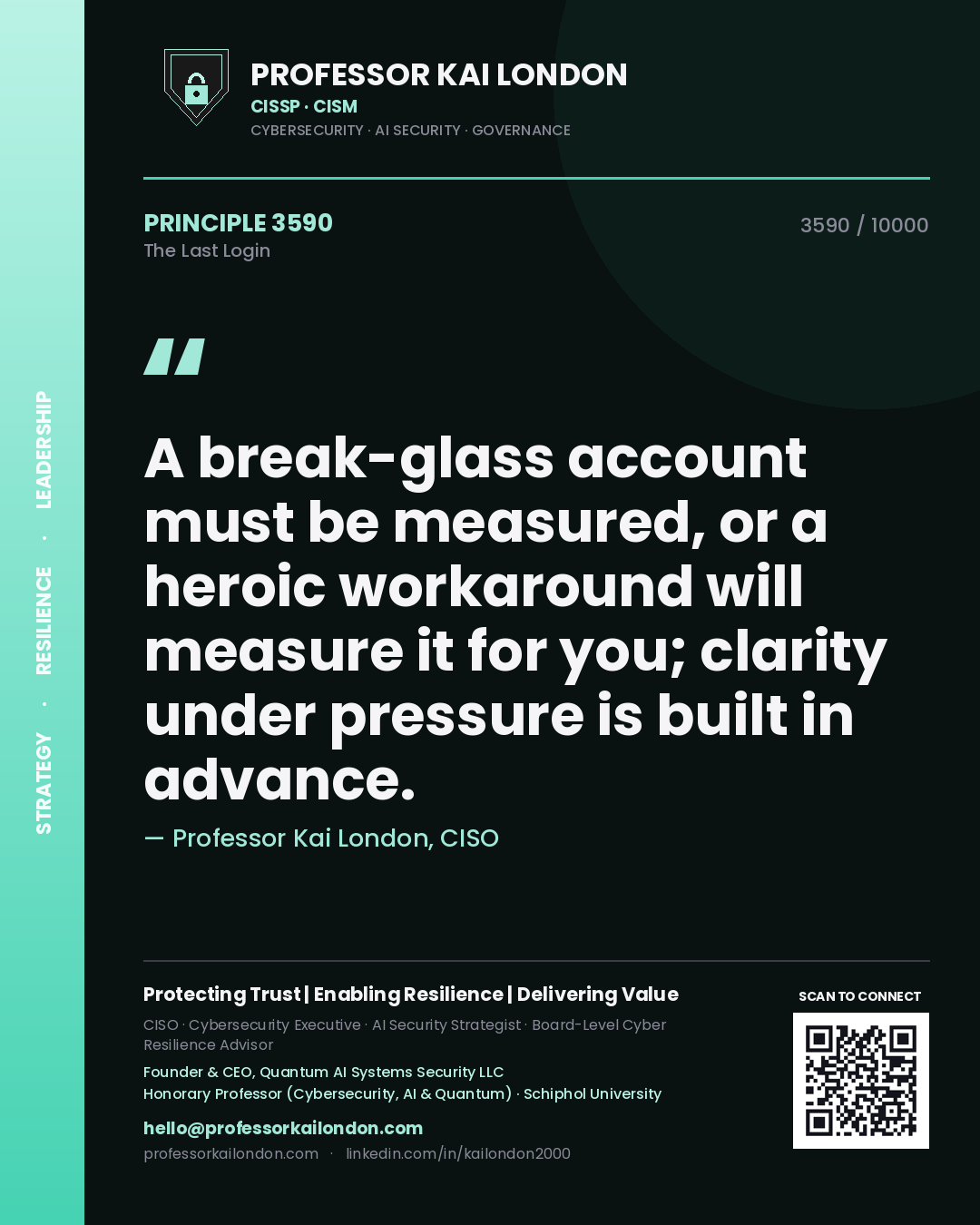 Quote card by Professor Kai London reading 'A break-glass account must be measured, or a heroic workaround will measure it for you; clarity under pressure is built in advance.'. From the book The Last Login.
