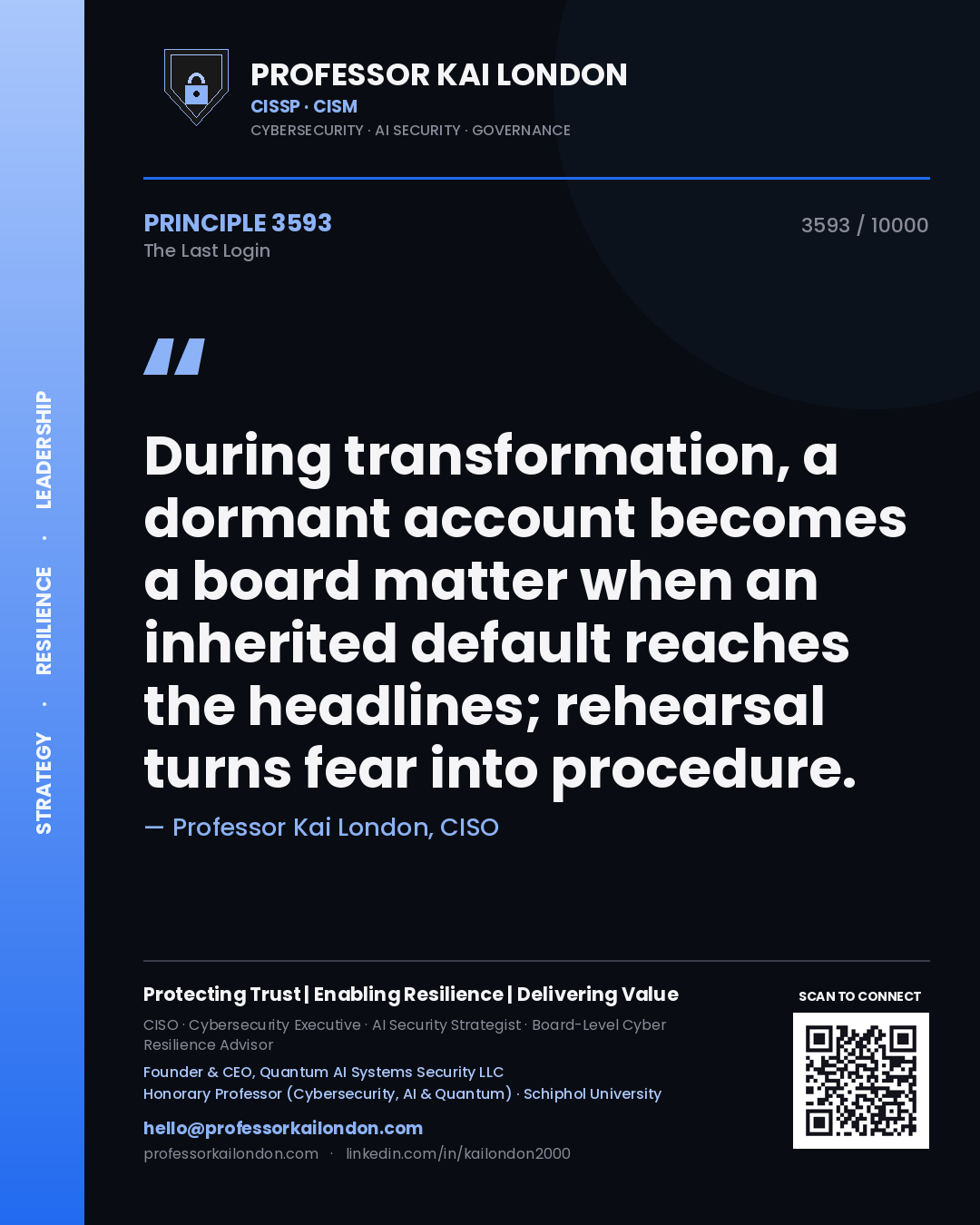Quote card by Professor Kai London reading 'During transformation, a dormant account becomes a board matter when an inherited default reaches the headlines; rehearsal turns fear into procedure.'. From the book The Last Login.