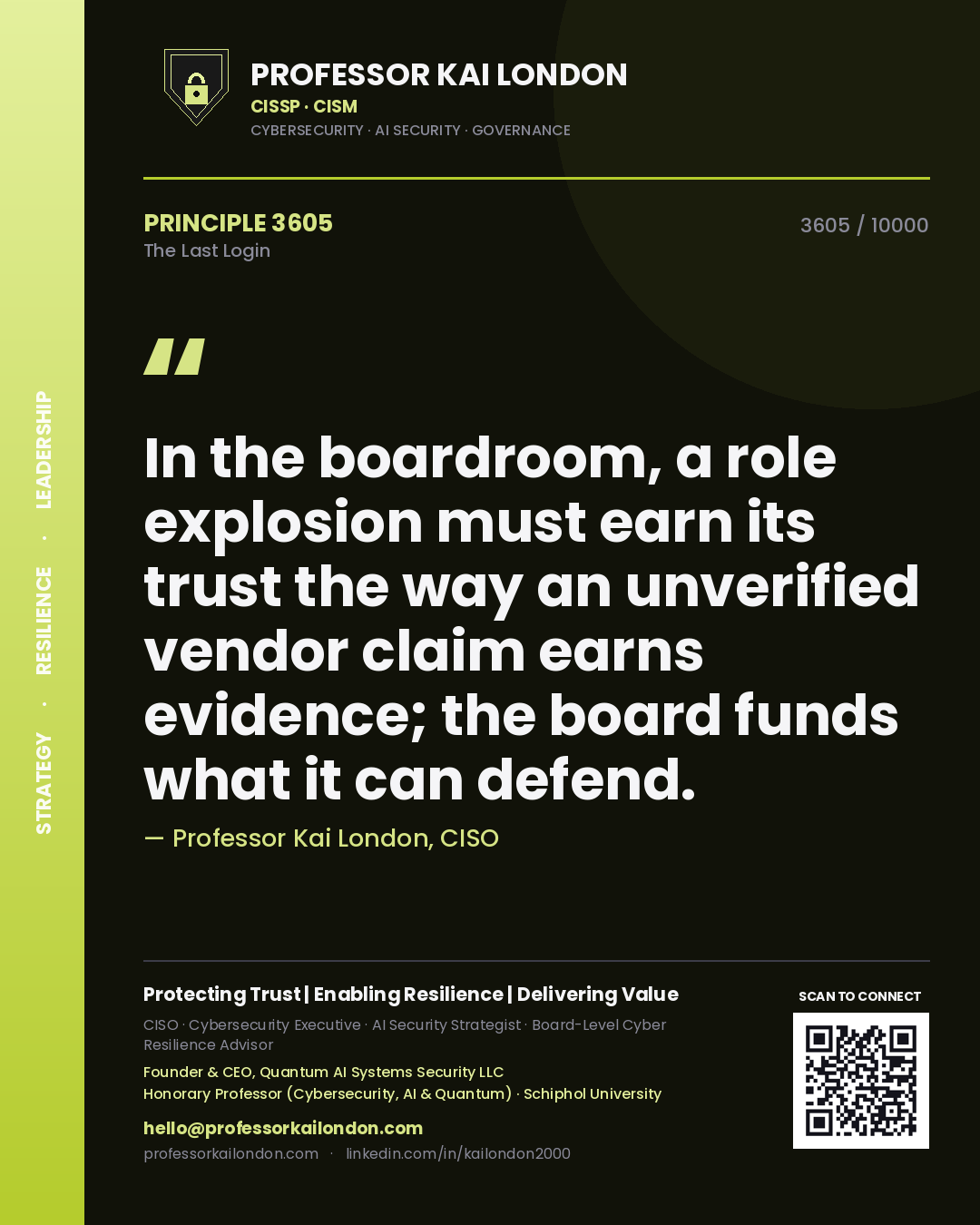Quote card by Professor Kai London reading 'In the boardroom, a role explosion must earn its trust the way an unverified vendor claim earns evidence; the board funds what it can defend.'. From the book The Last Login.