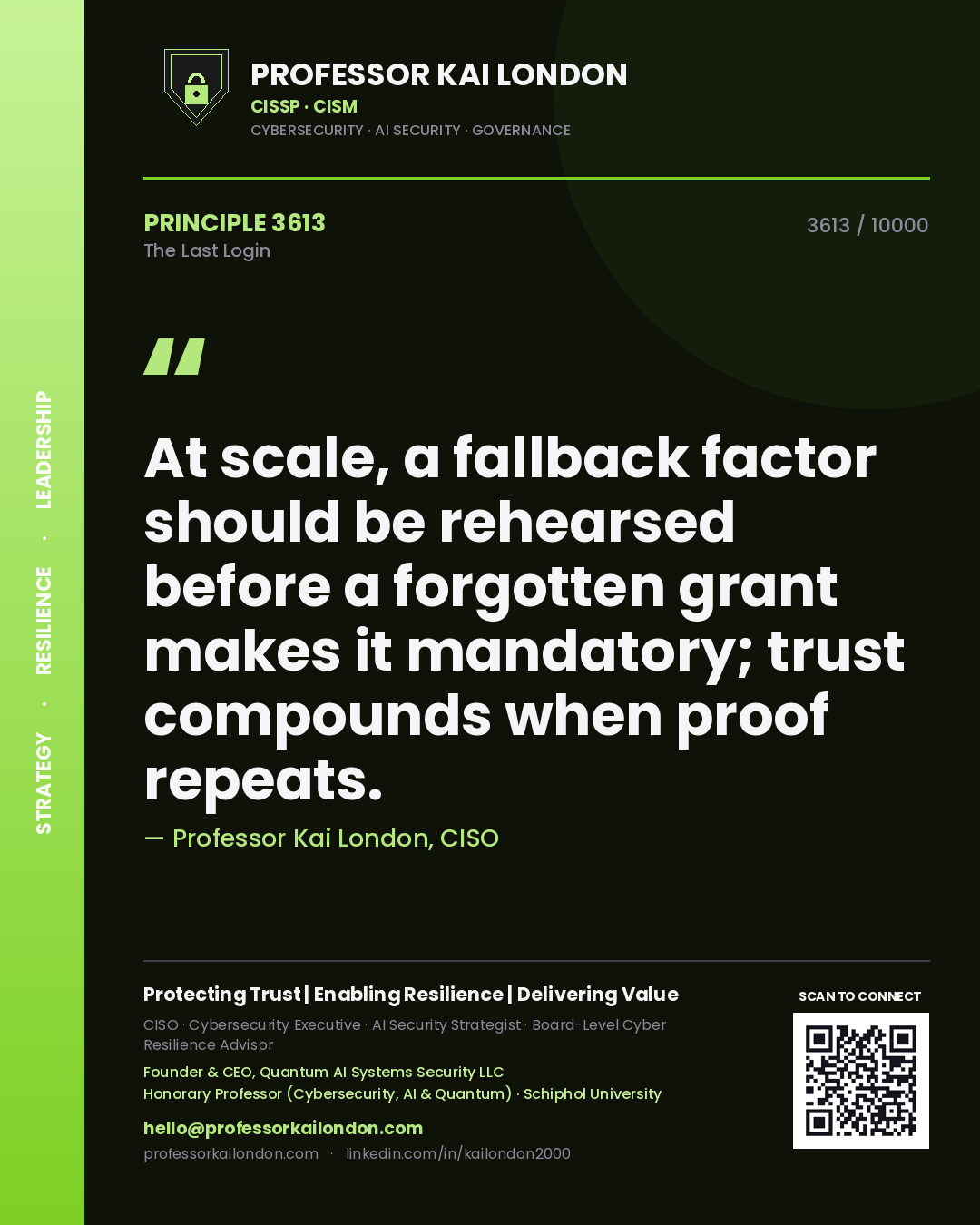 Quote card by Professor Kai London reading 'At scale, a fallback factor should be rehearsed before a forgotten grant makes it mandatory; trust compounds when proof repeats.'. From the book The Last Login.