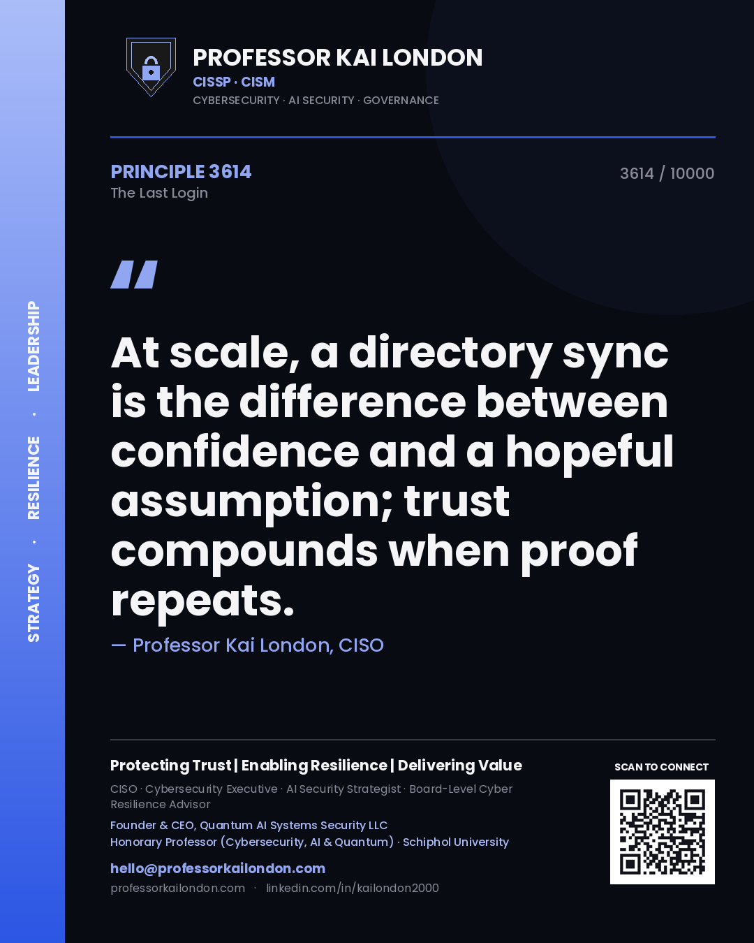 Professor Kai London principle 3614: At scale, a directory sync is the difference between confidence and a hopeful assumption; trust compounds when proof repeats.