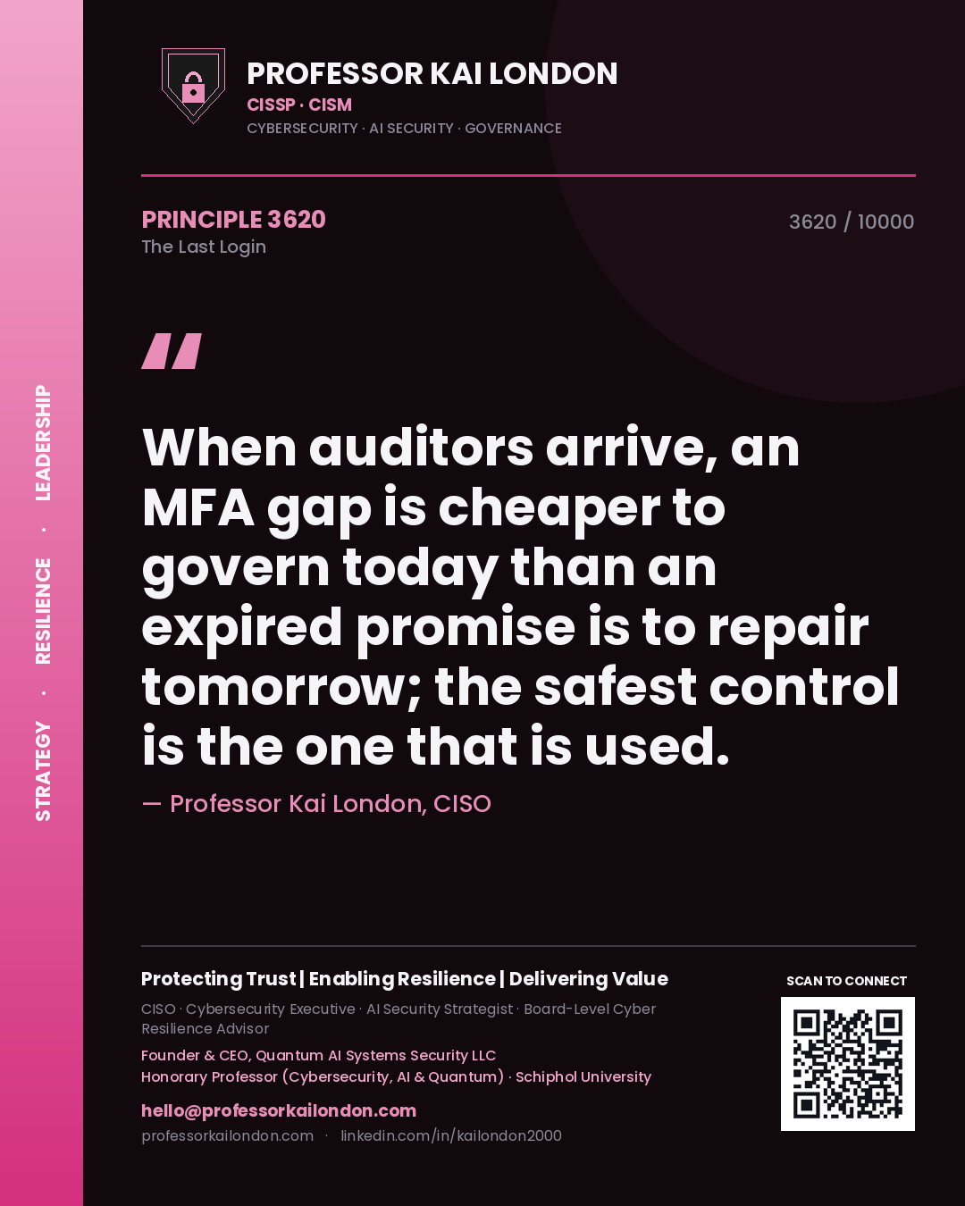 Quote card by Professor Kai London reading 'When auditors arrive, an MFA gap is cheaper to govern today than an expired promise is to repair tomorrow; the safest control is the one that is used.'. From the book The Last Login.