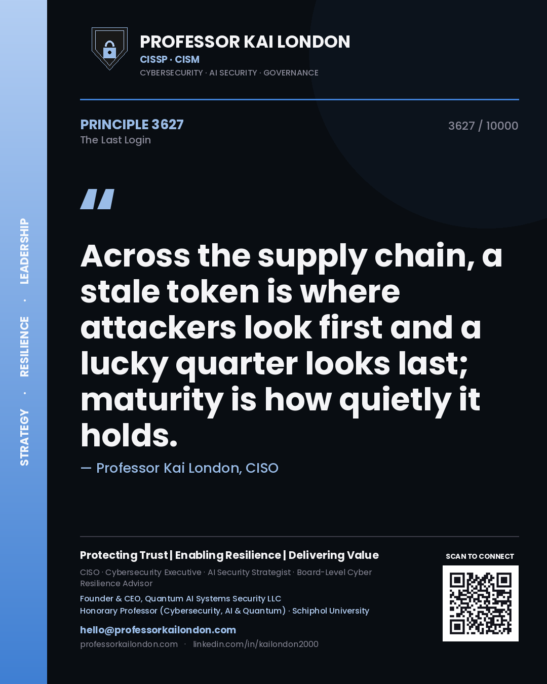 Professor Kai London principle 3627: Across the supply chain, a stale token is where attackers look first and a lucky quarter looks last; maturity is how quietly it holds.