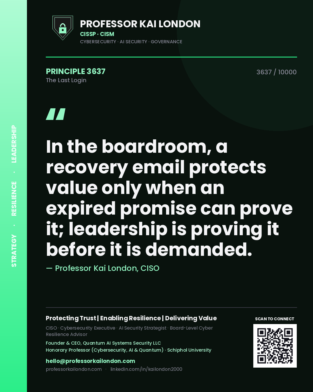 Quote card by Professor Kai London reading 'In the boardroom, a recovery email protects value only when an expired promise can prove it; leadership is proving it before it is demanded.'. From the book The Last Login.