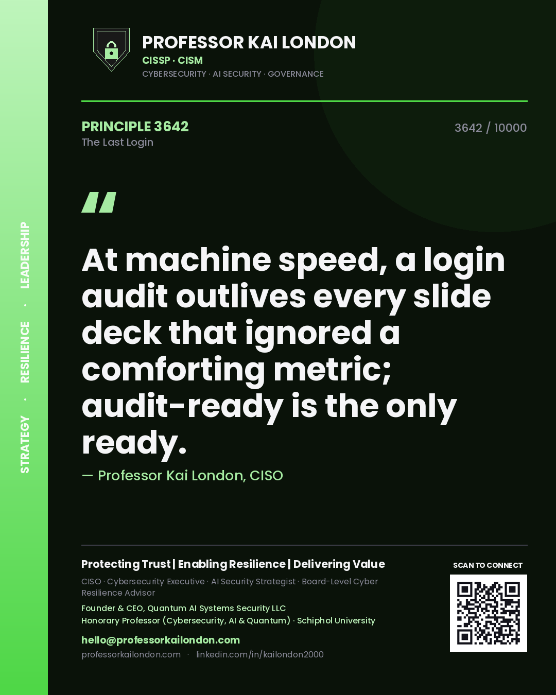 Quote card by Professor Kai London reading 'At machine speed, a login audit outlives every slide deck that ignored a comforting metric; audit-ready is the only ready.'. From the book The Last Login.