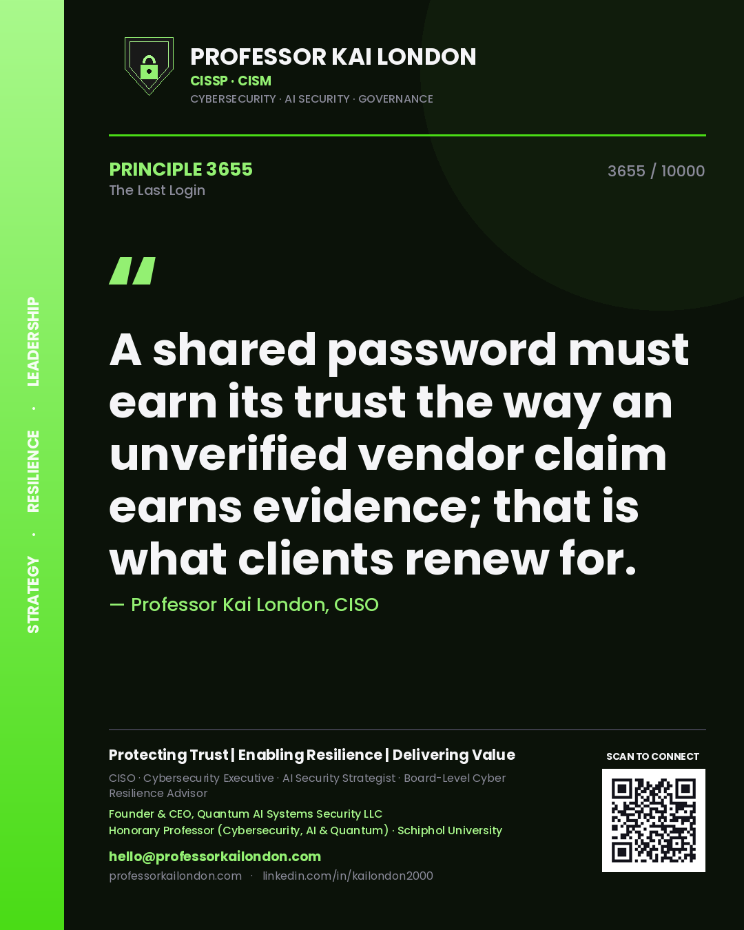 Professor Kai London principle 3655: A shared password must earn its trust the way an unverified vendor claim earns evidence; that is what clients renew for.